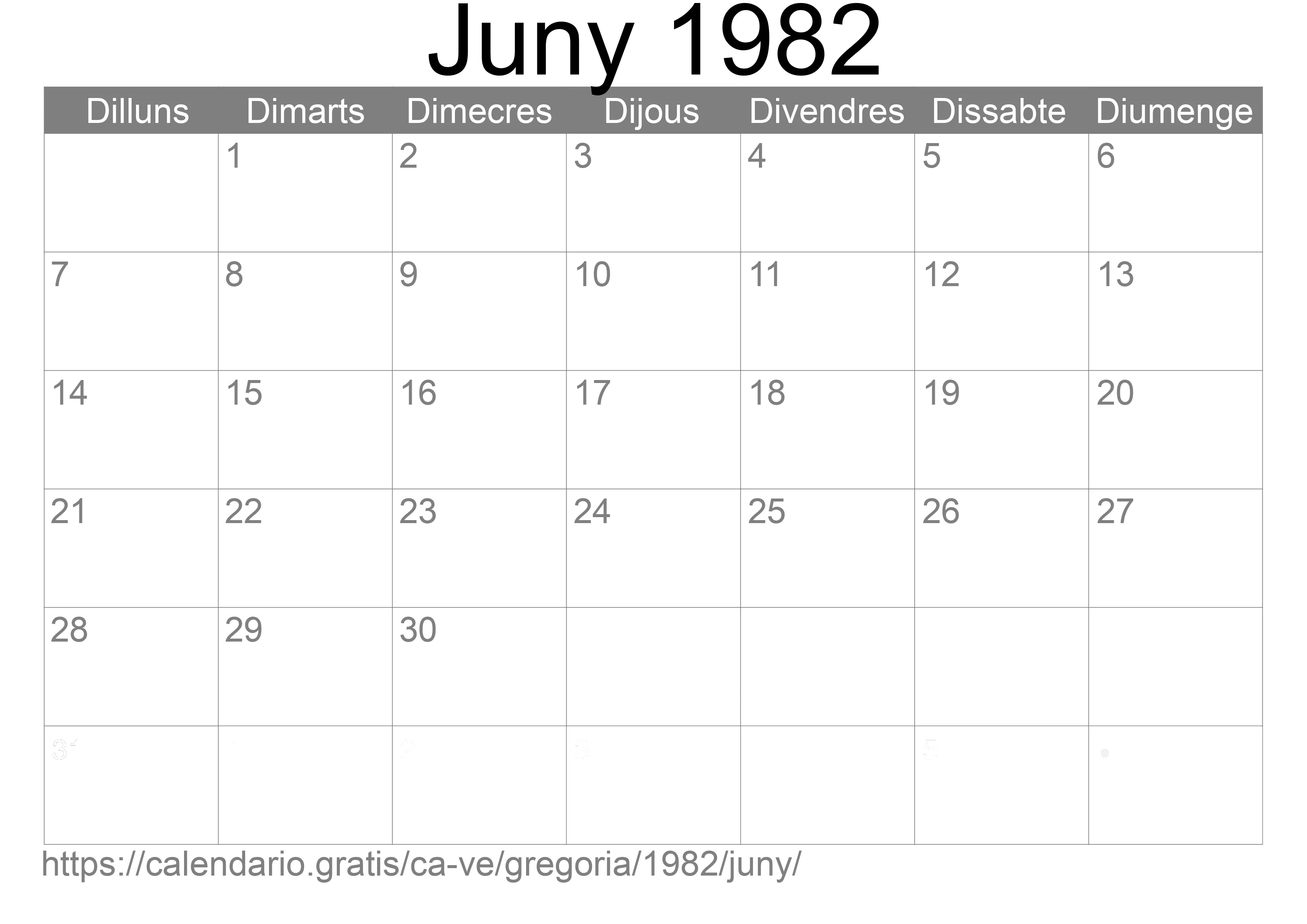 Calendari Juny 1982 per imprimir (Veneçuela)
