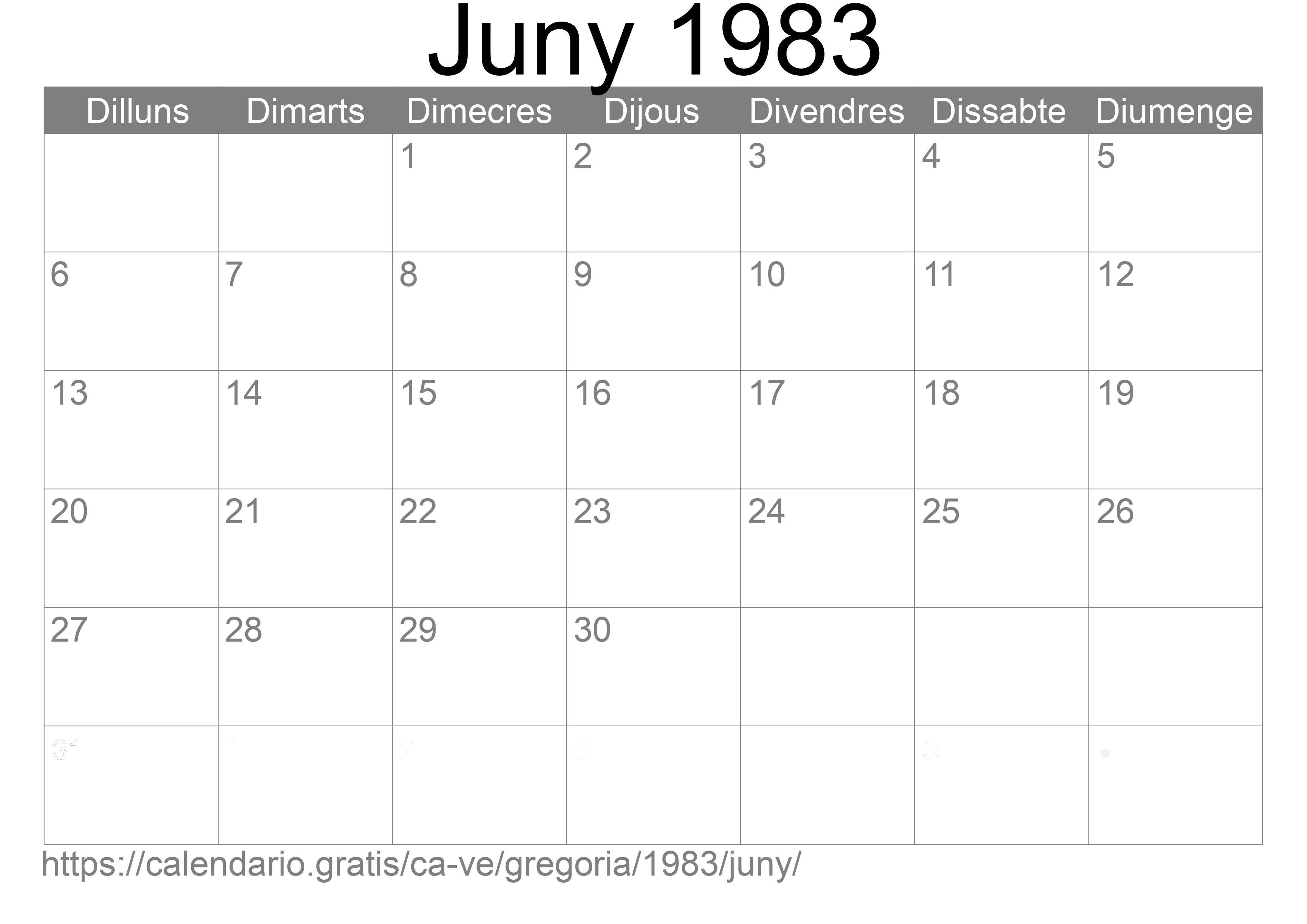 Calendari Juny 1983 per imprimir (Veneçuela)