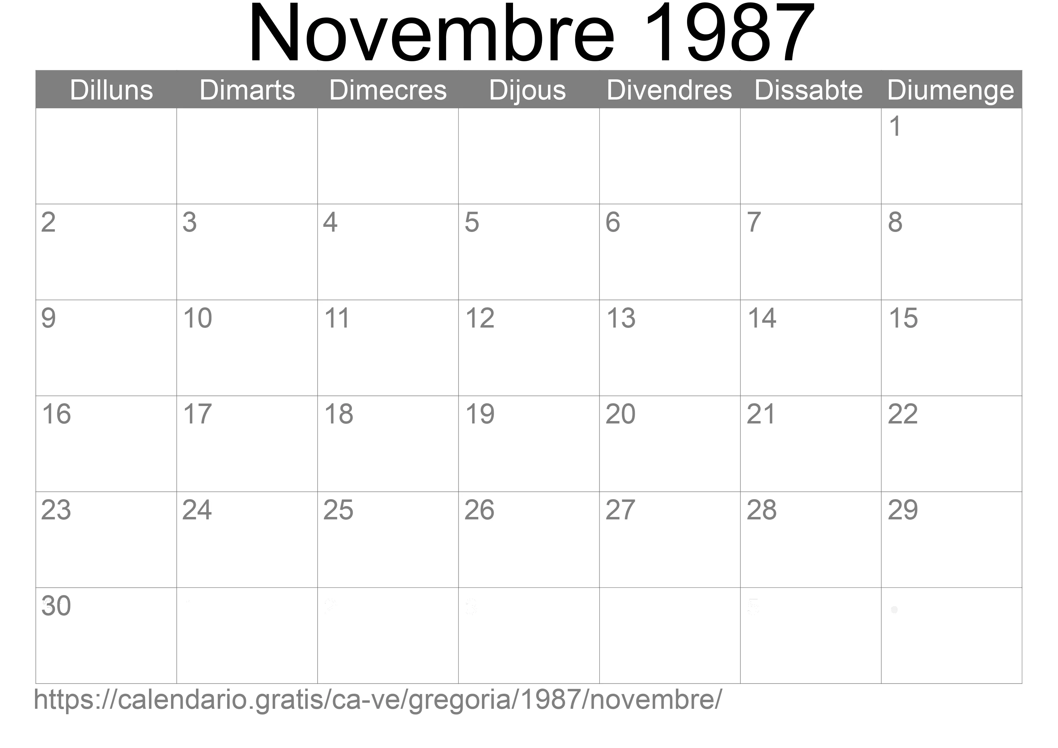 Calendari Novembre 1987 per imprimir (Veneçuela)