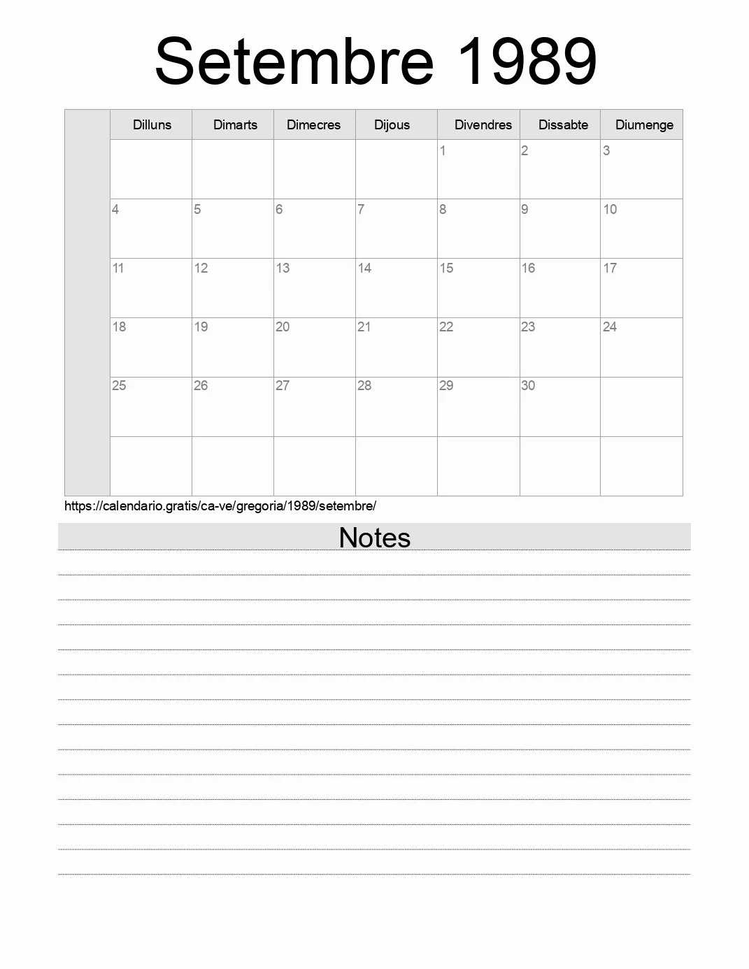 Calendari de Setembre 1989 per imprimir amb notes. (Veneçuela)