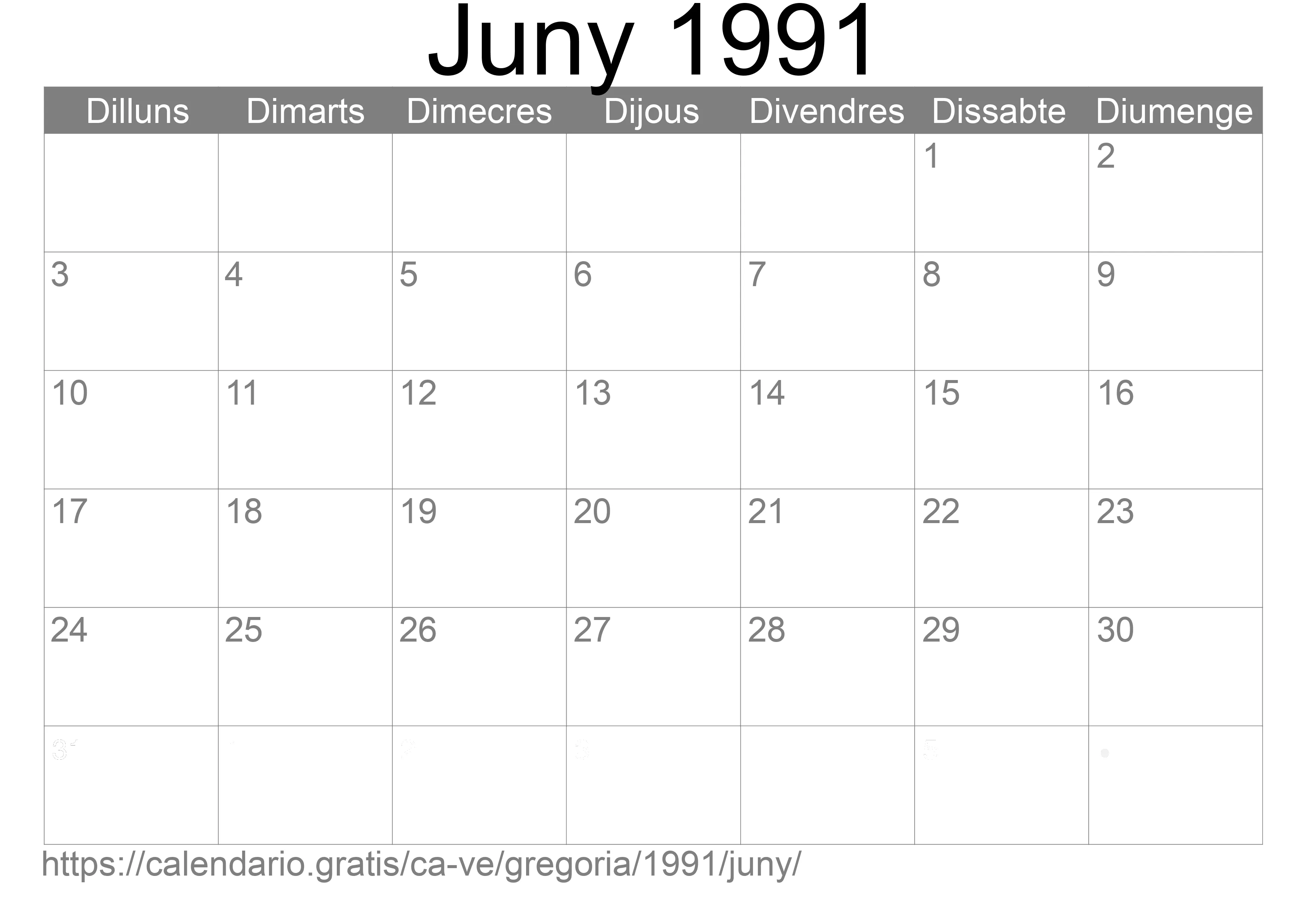 Calendari Juny 1991 per imprimir (Veneçuela)
