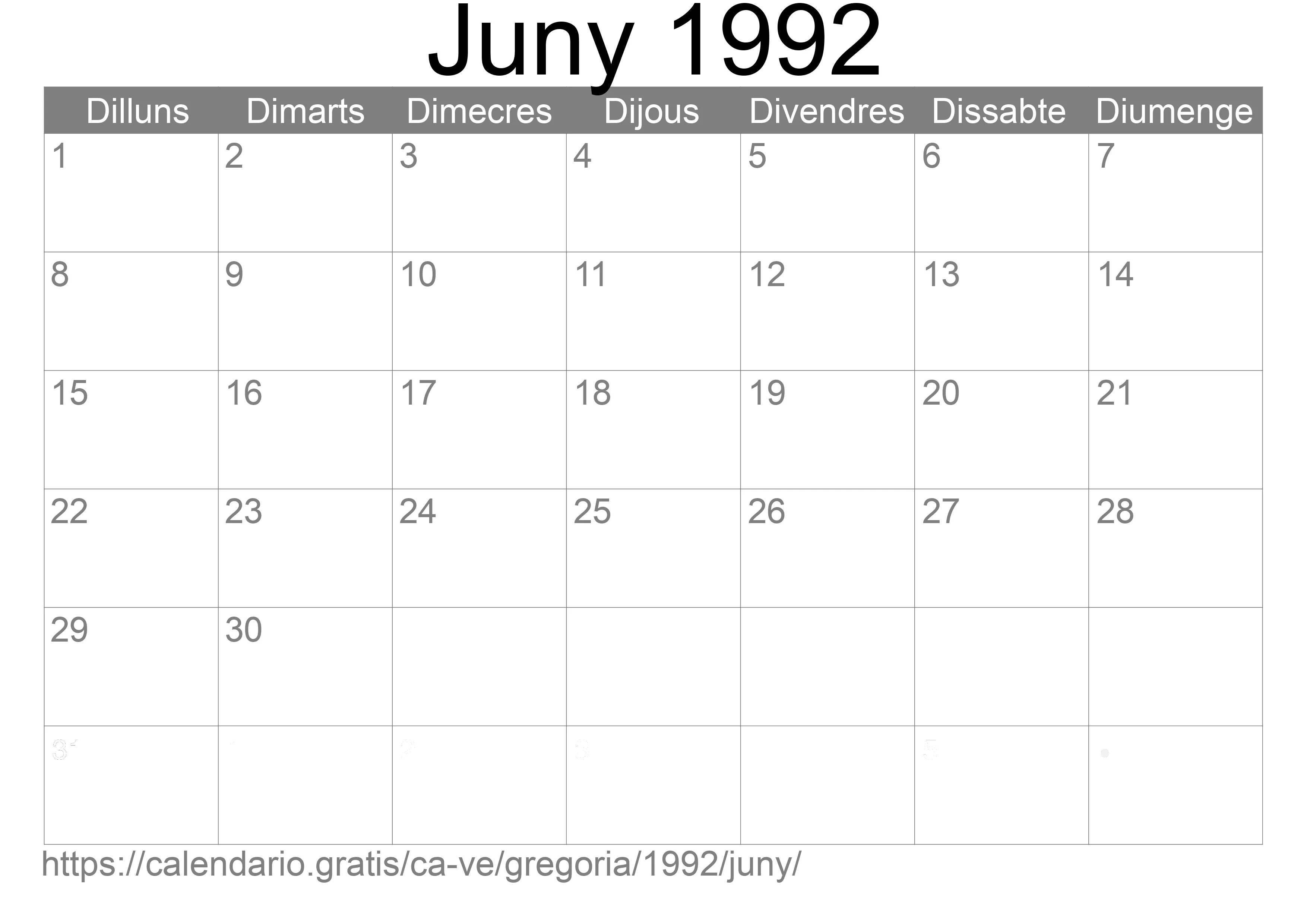 Calendari Juny 1992 per imprimir (Veneçuela)