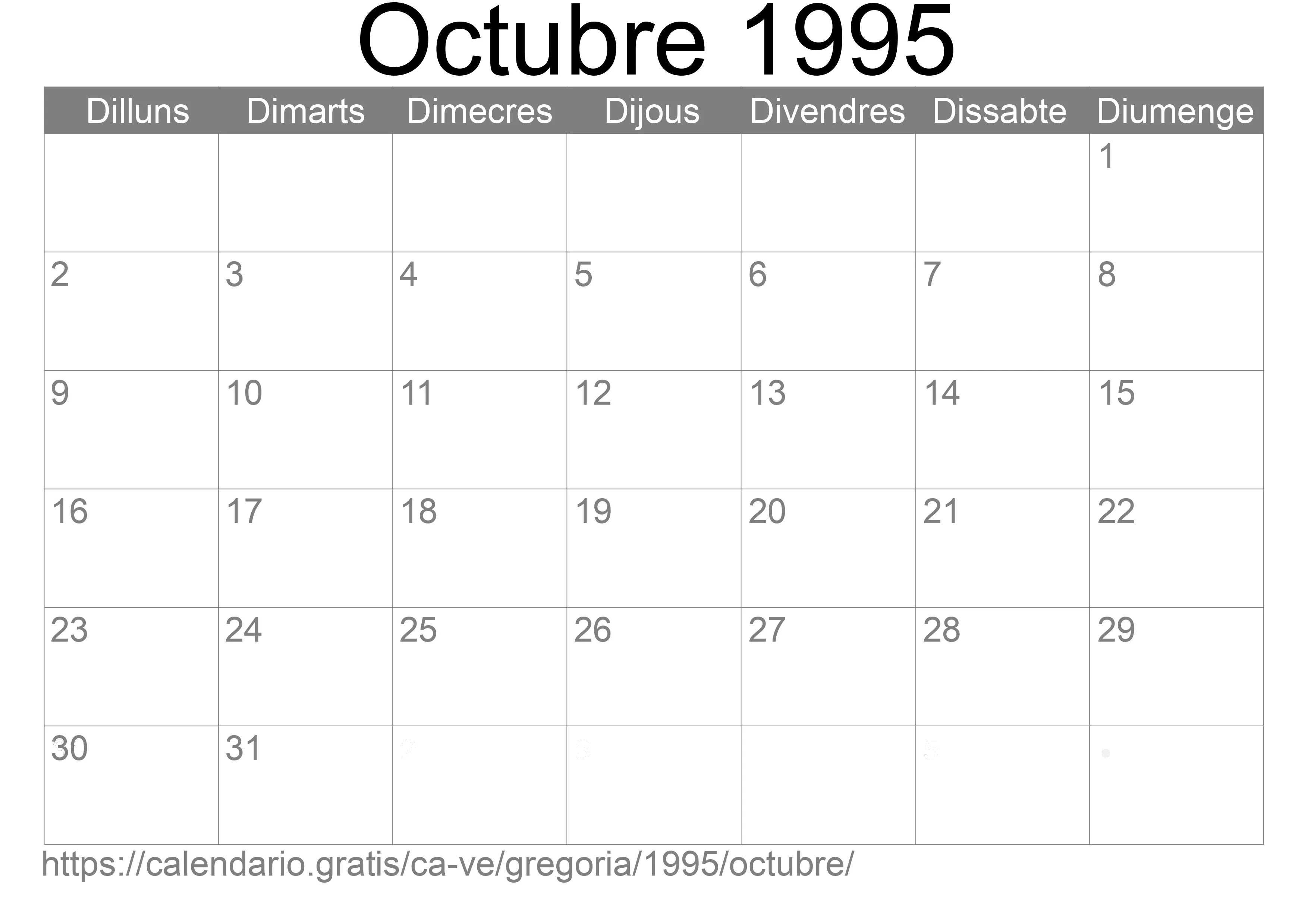 Calendari Octubre 1995 per imprimir (Veneçuela)