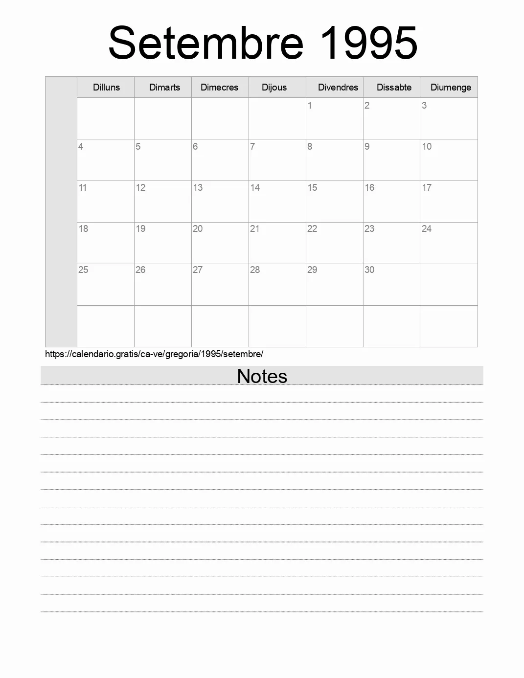 Calendari de Setembre 1995 per imprimir amb notes. (Veneçuela)