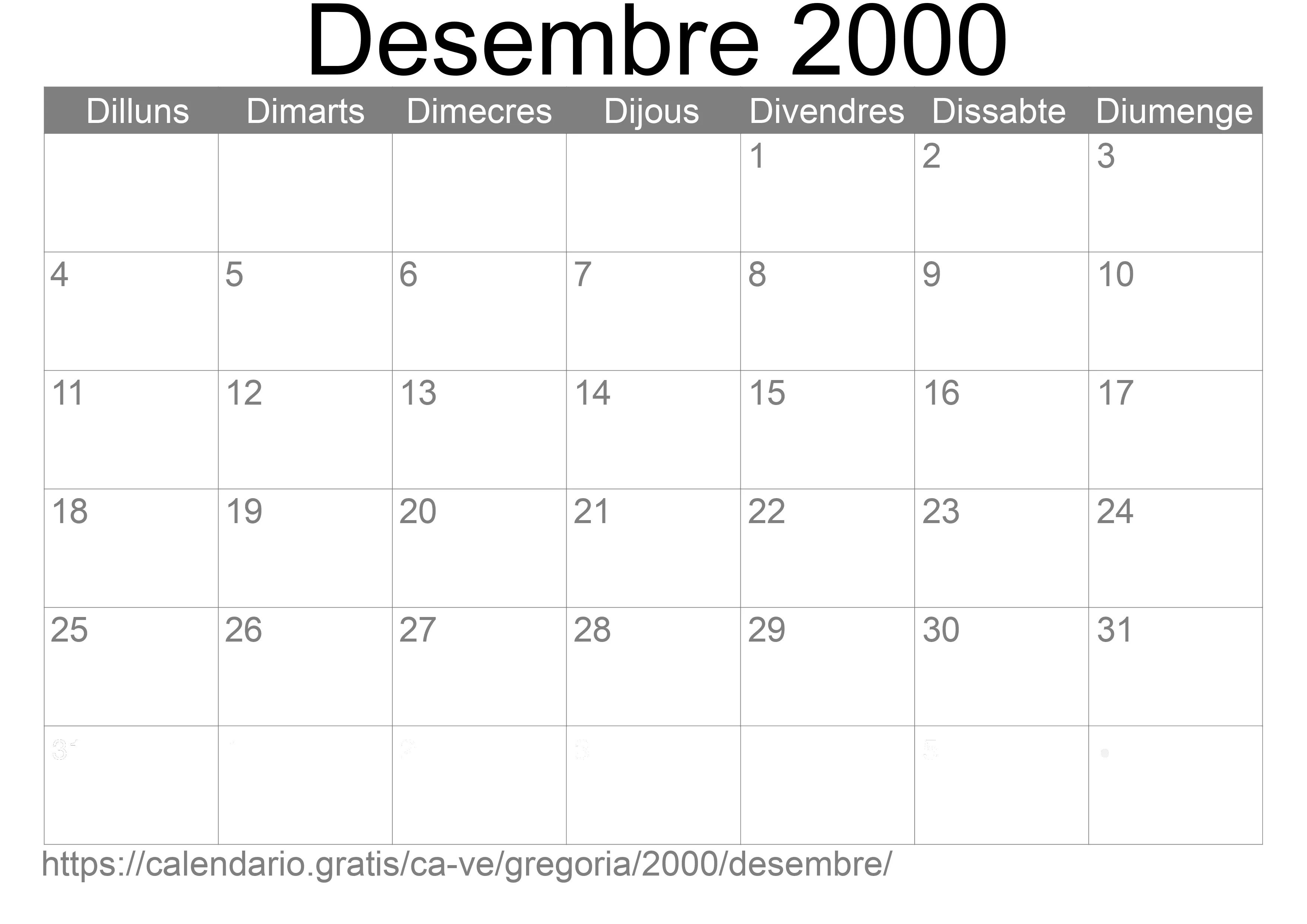 Calendari Desembre 2000 per imprimir (Veneçuela)