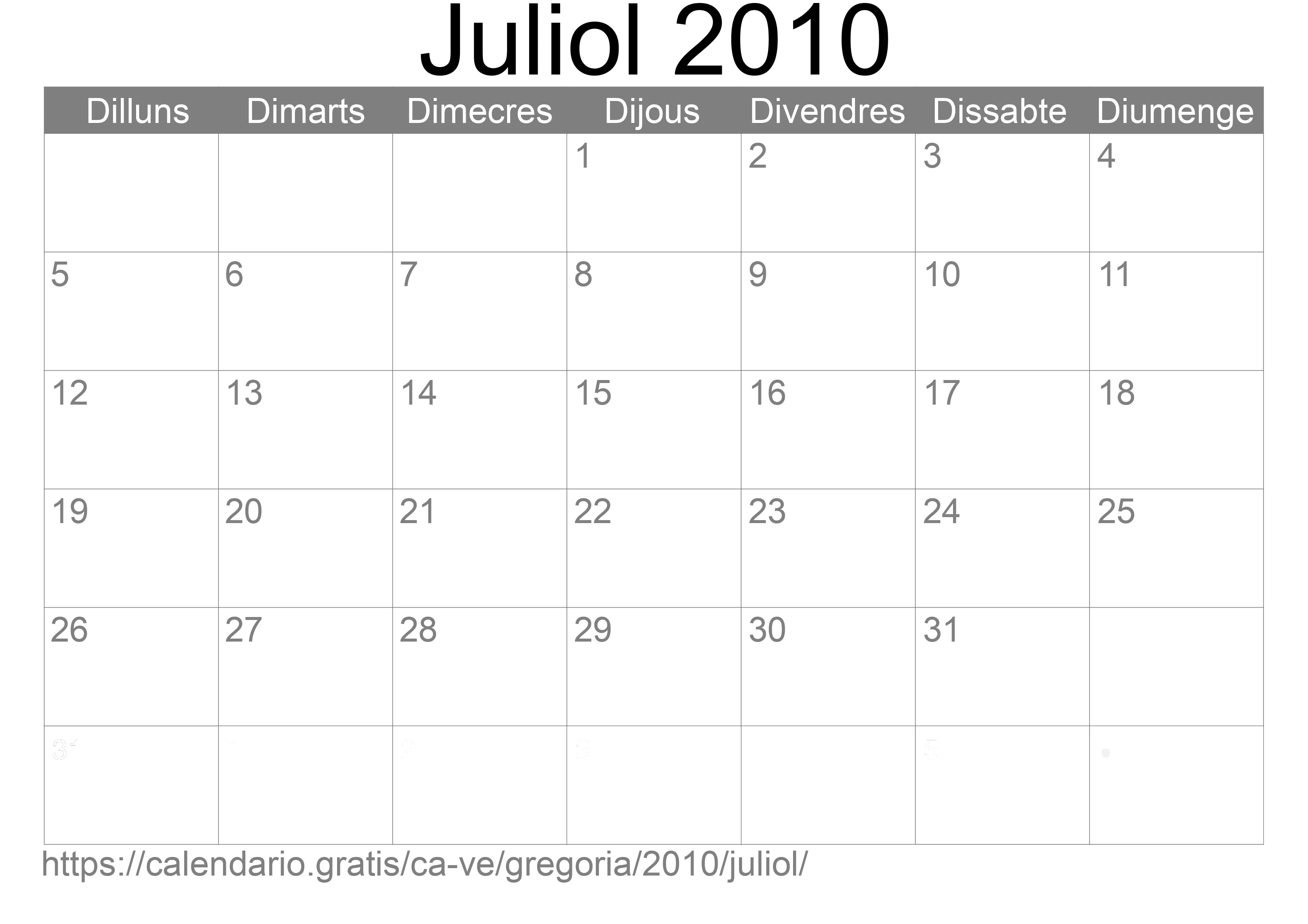 Calendari Juliol 2010 per imprimir (Veneçuela)