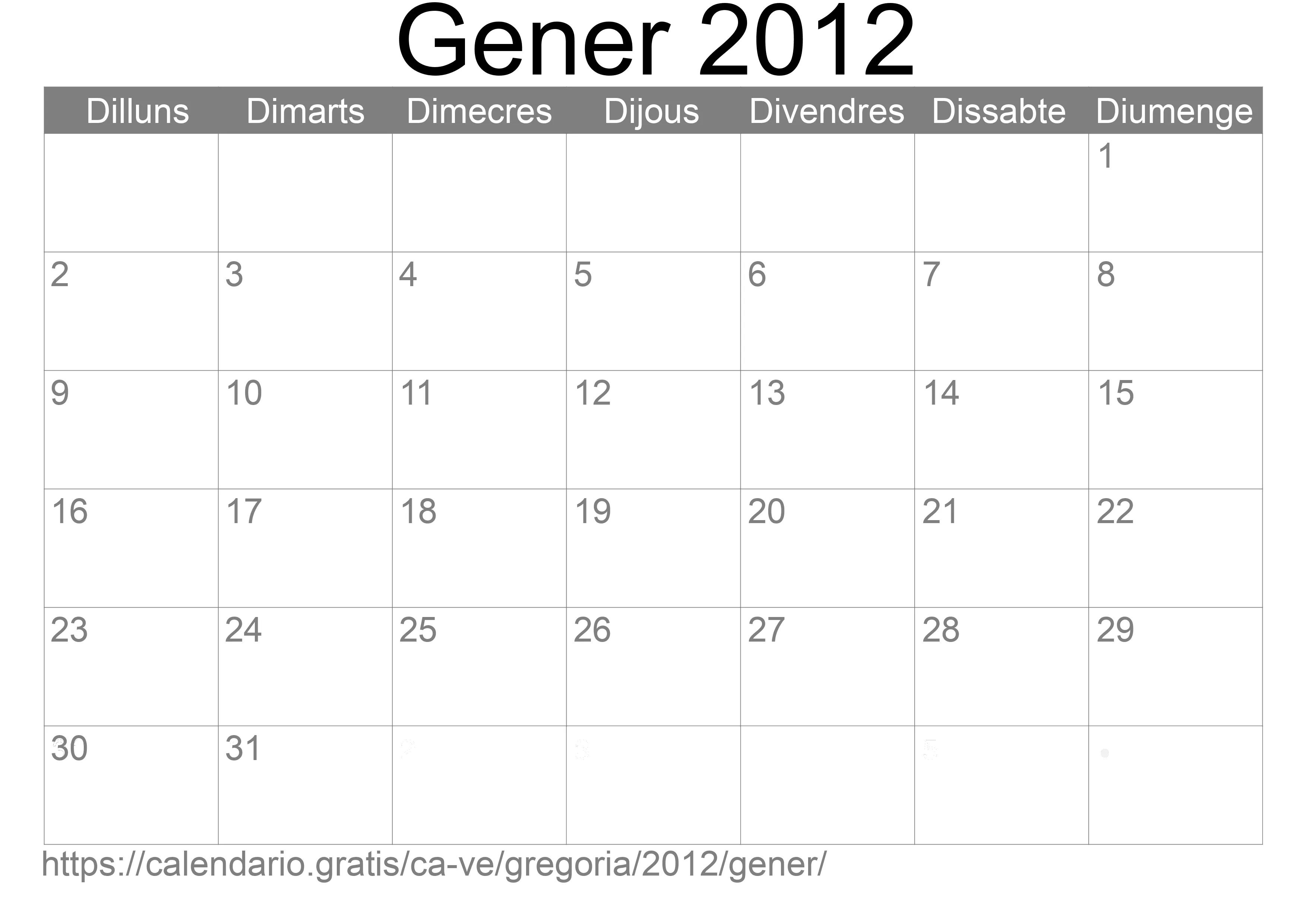 Calendari Gener 2012 per imprimir (Veneçuela)
