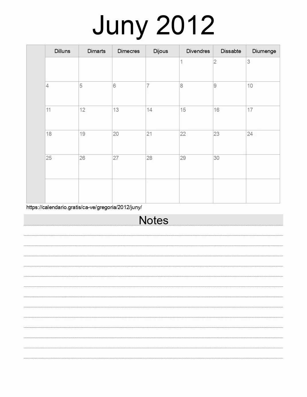 Calendari de Juny 2012 per imprimir amb notes. (Veneçuela)