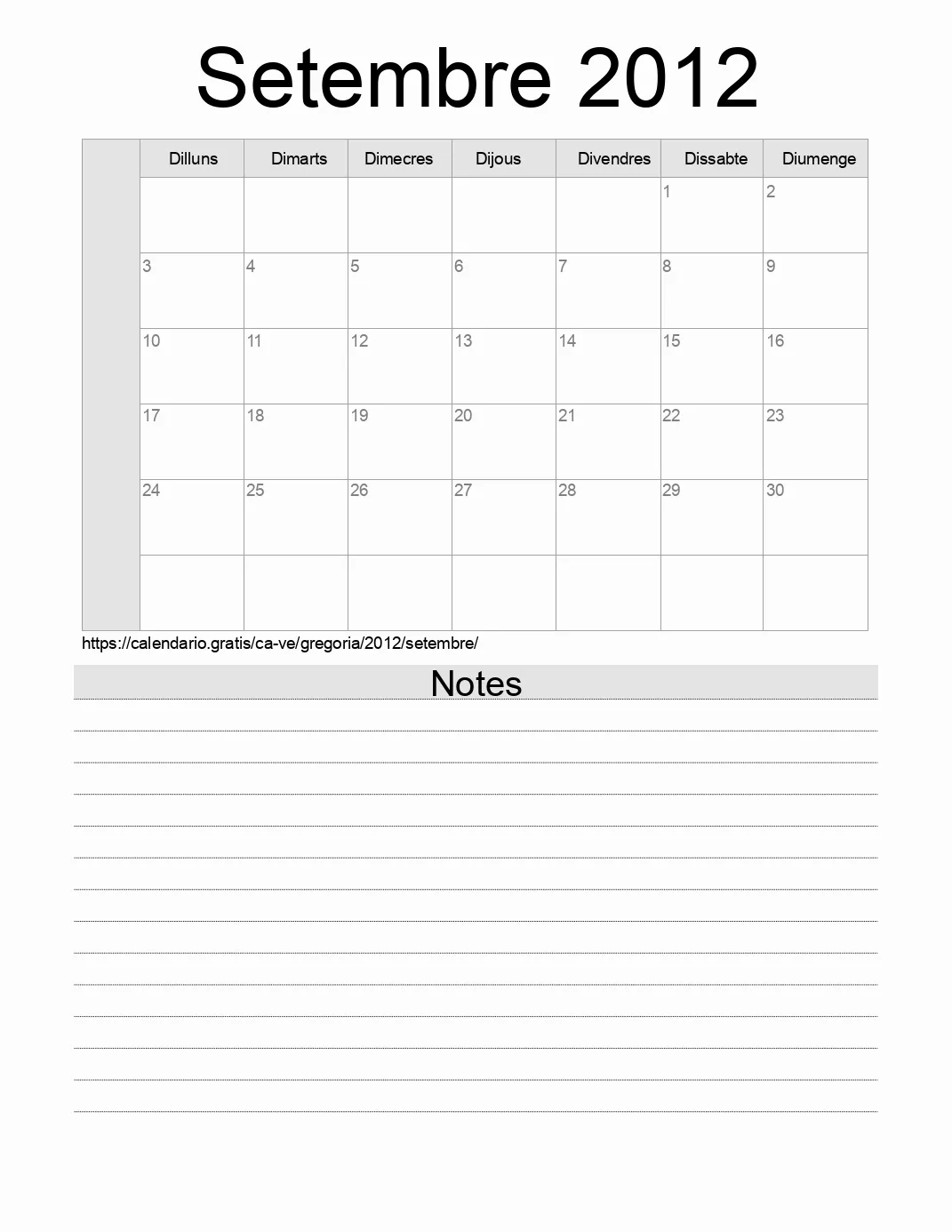 Calendari de Setembre 2012 per imprimir amb notes. (Veneçuela)
