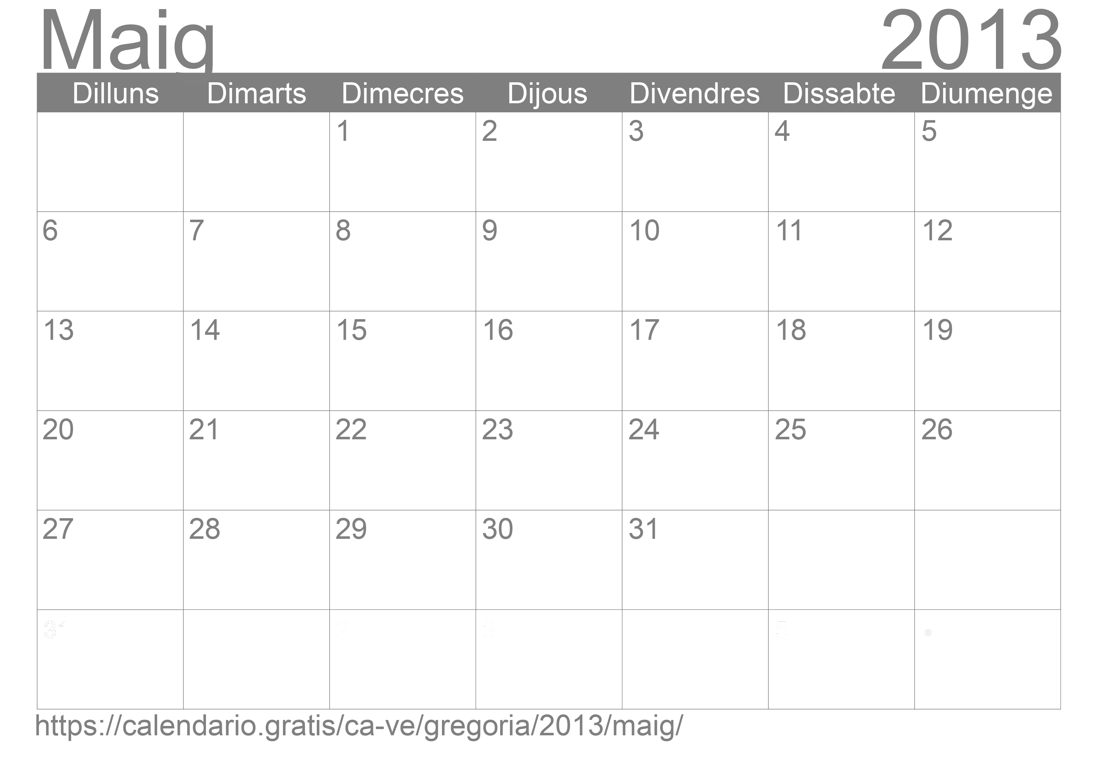 Calendari Maig 2013 per imprimir