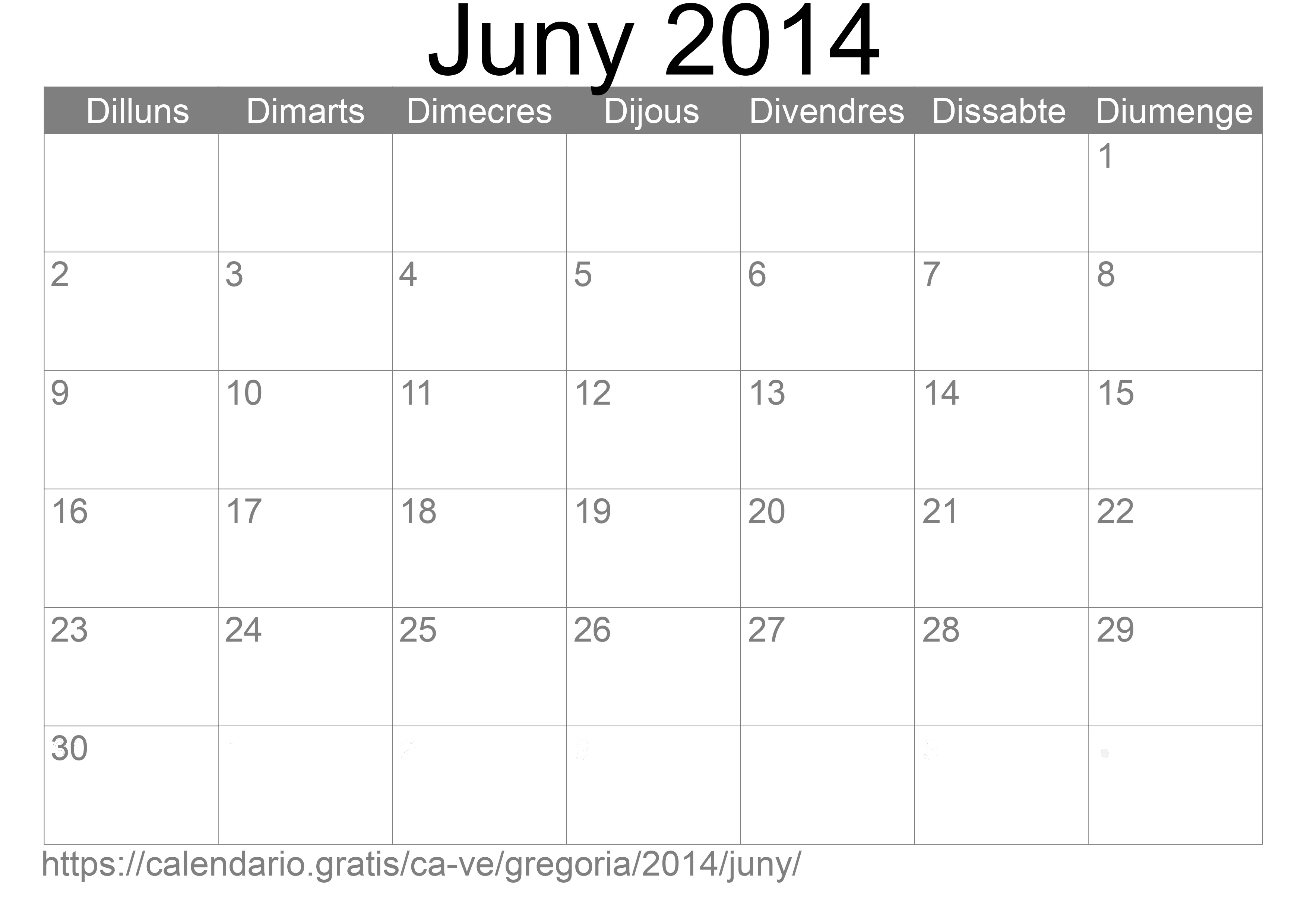 Calendari Juny 2014 per imprimir (Veneçuela)