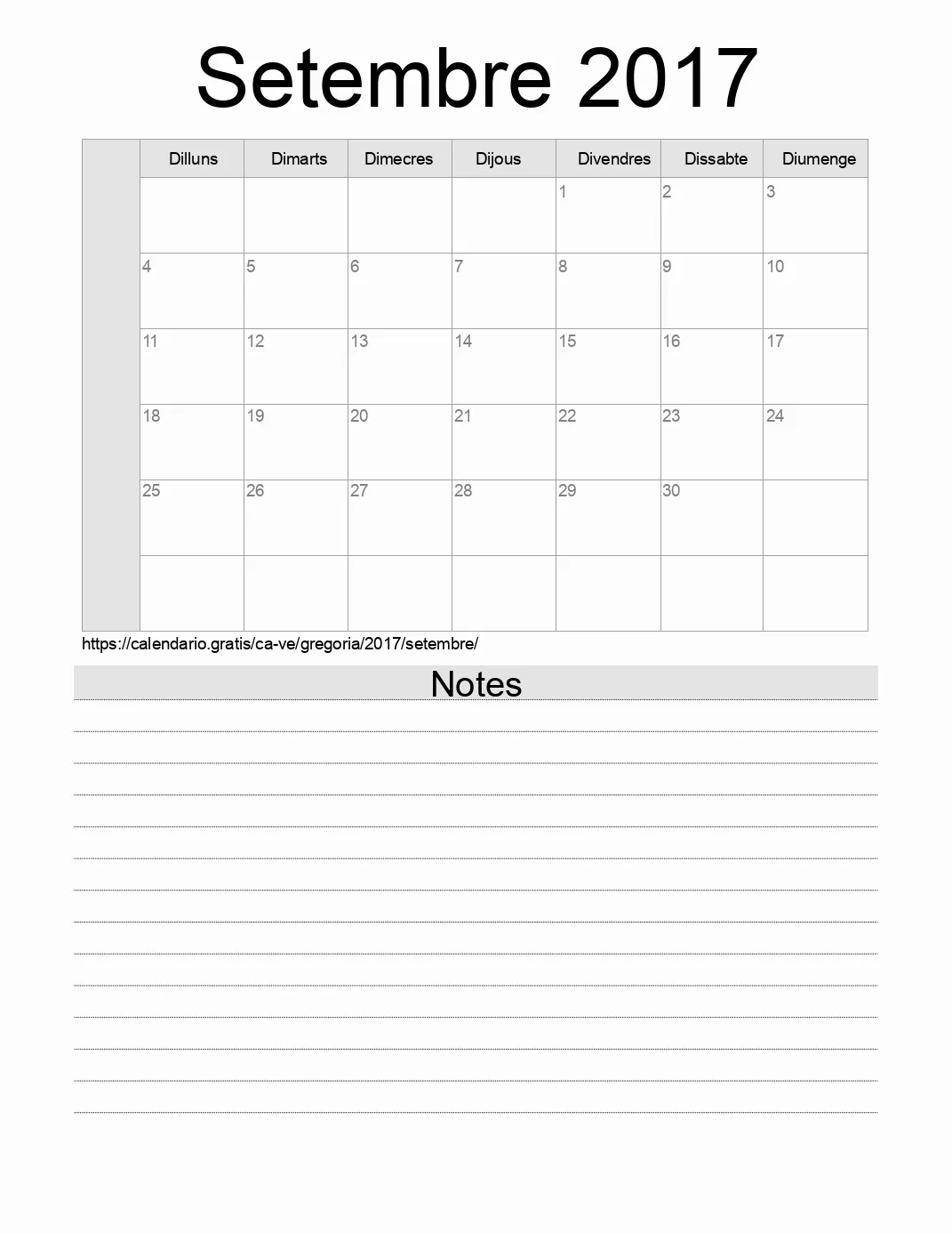 Calendari de Setembre 2017 per imprimir amb notes. (Veneçuela)