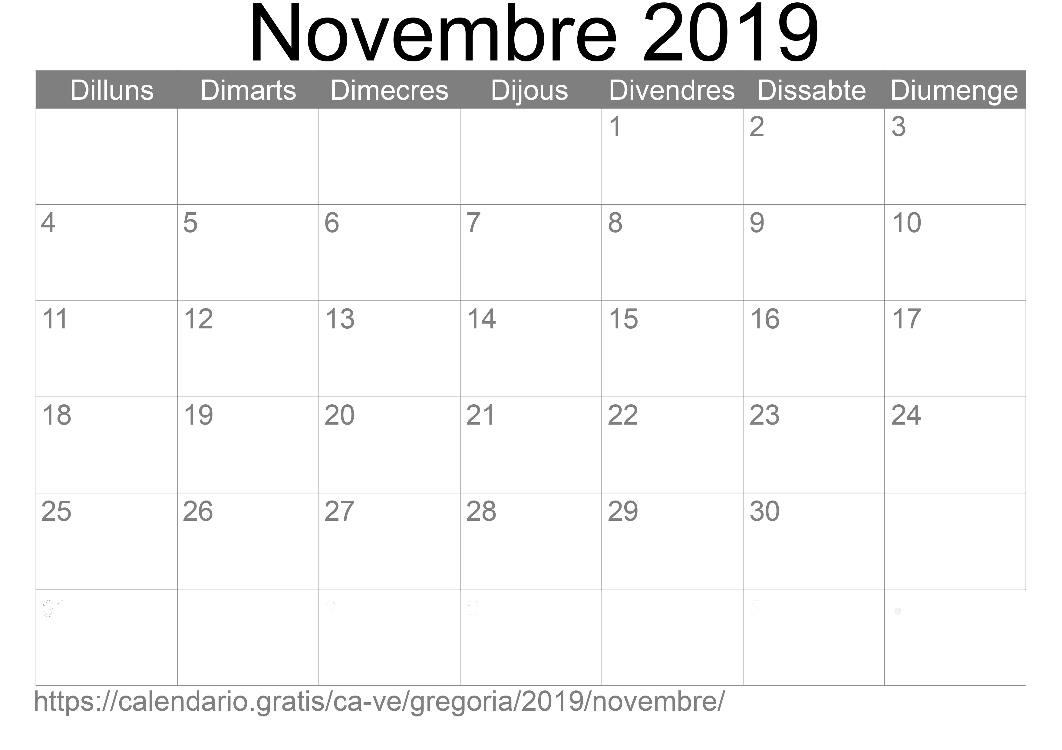 Calendari Novembre 2019 per imprimir (Veneçuela)