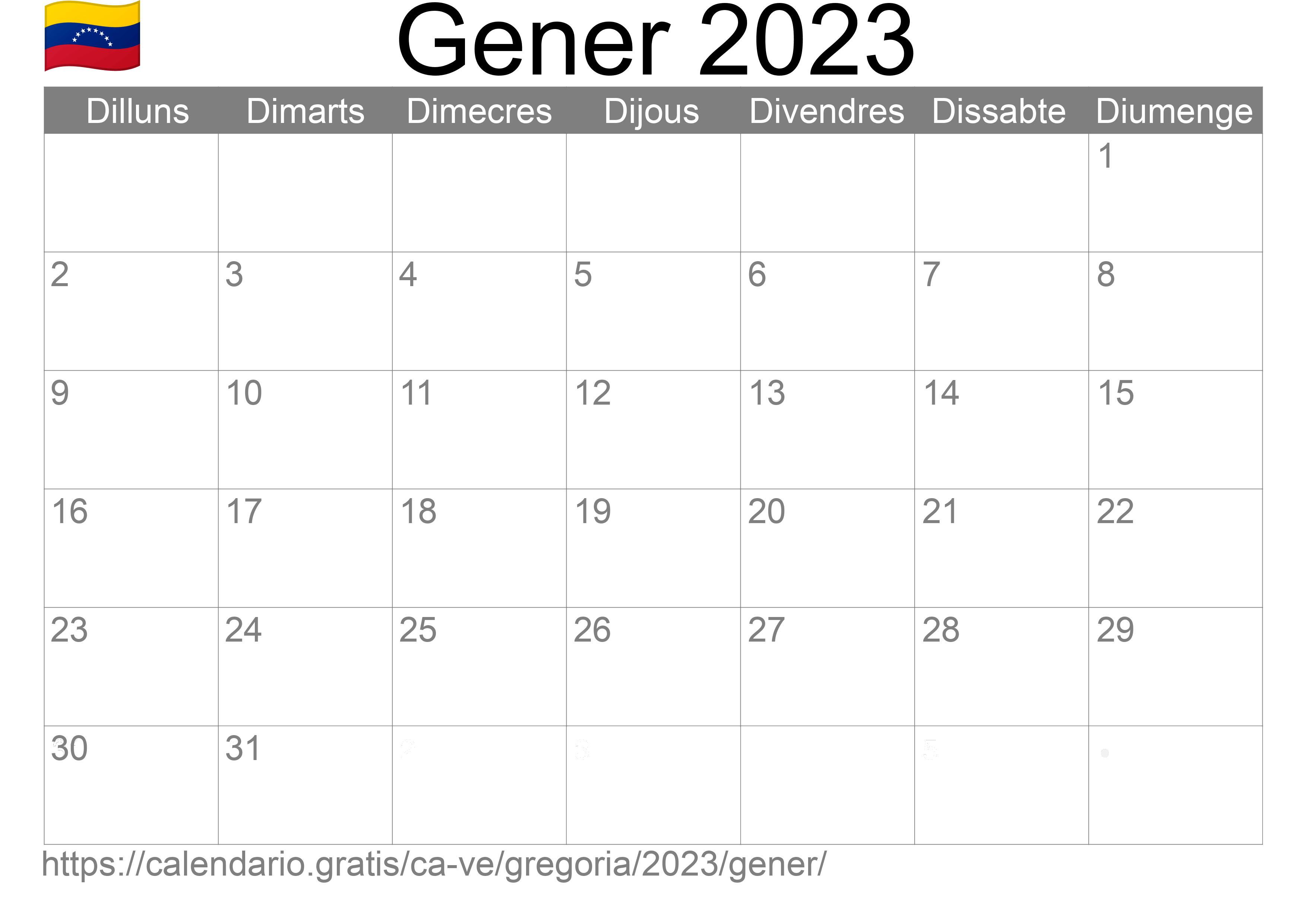 Calendari Gener 2023 per imprimir