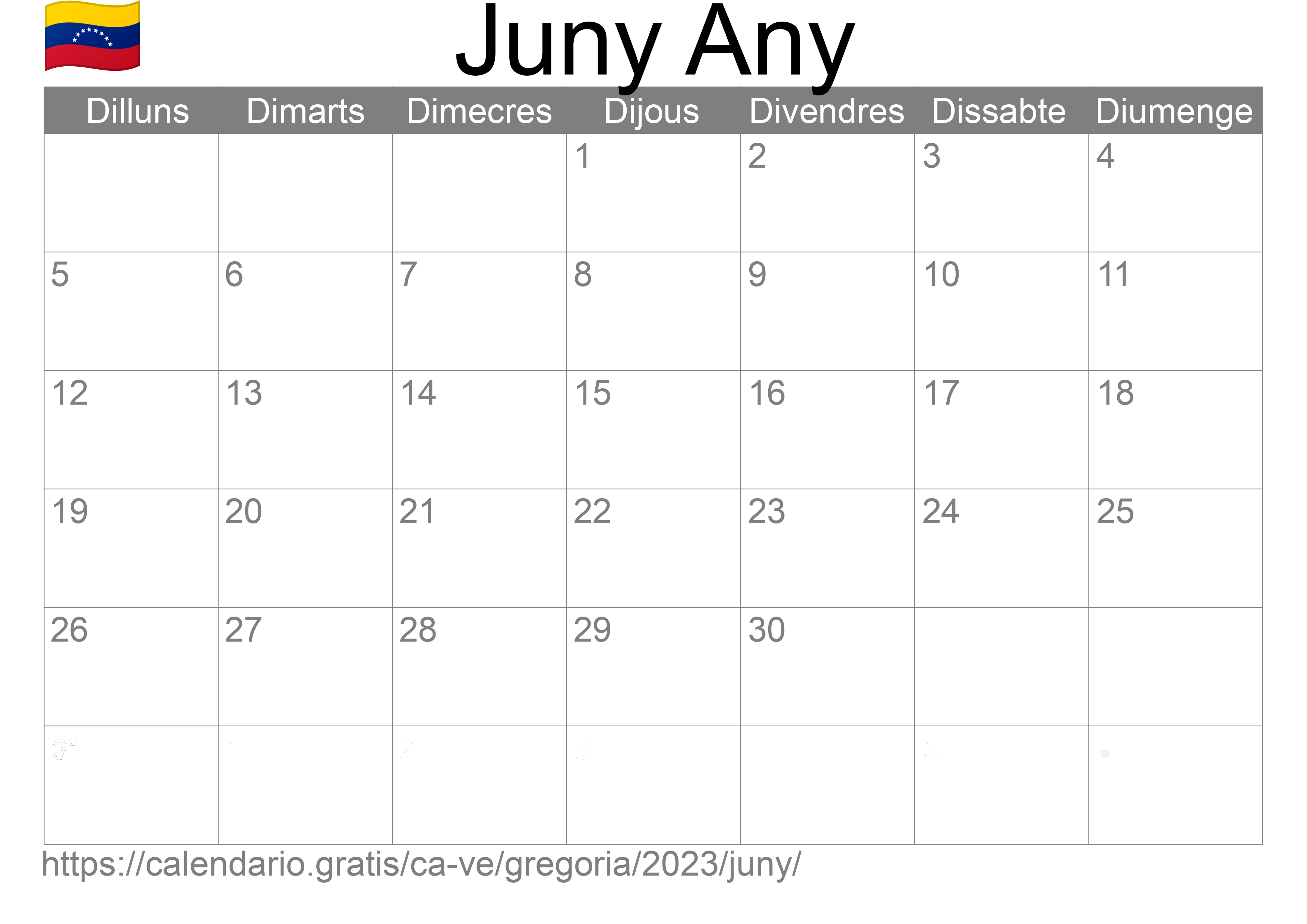 Calendari Juny 2023 per imprimir