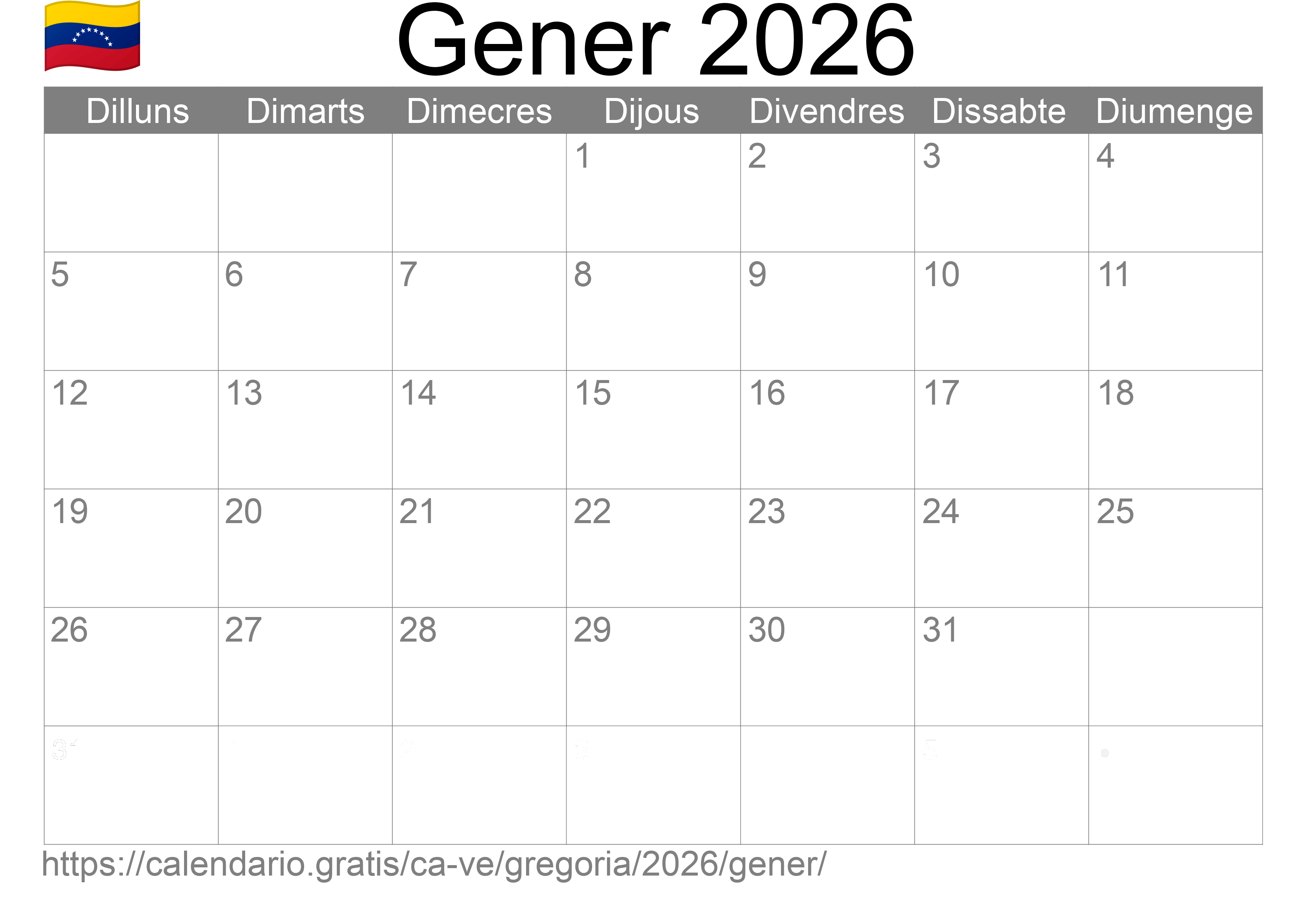 Calendari Gener 2026 per imprimir