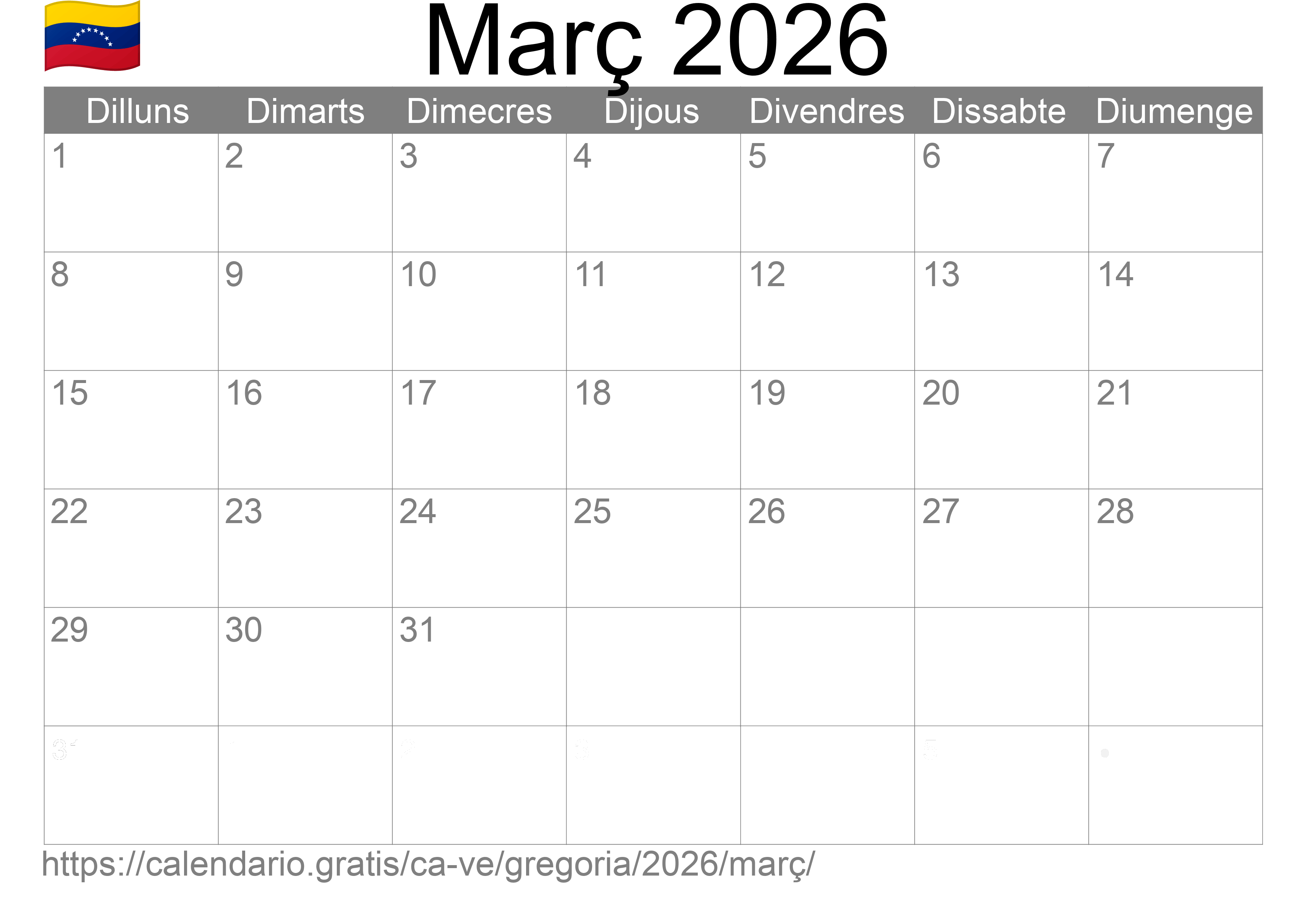 Calendari Març 2026 per imprimir