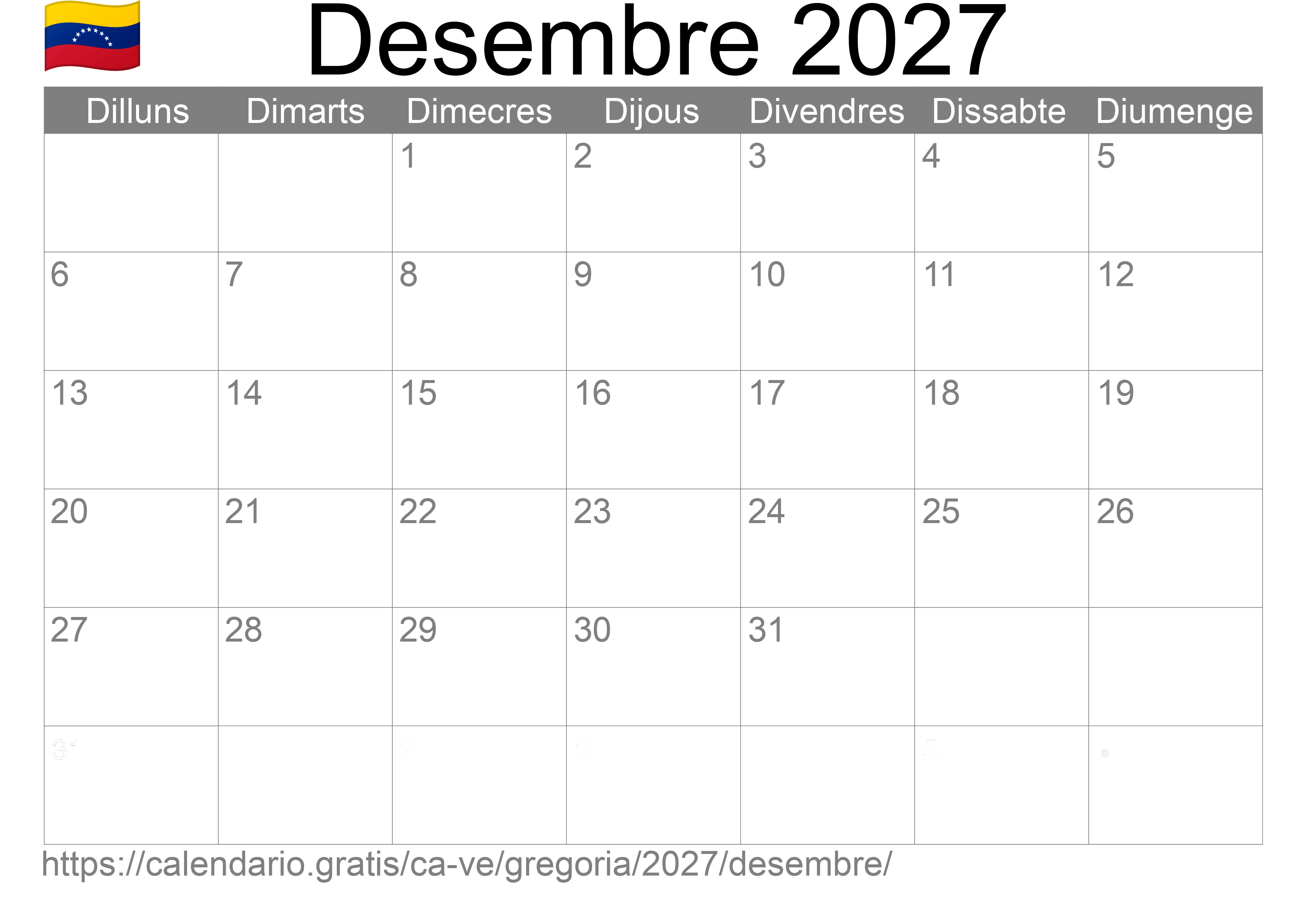 Calendari Desembre 2027 per imprimir