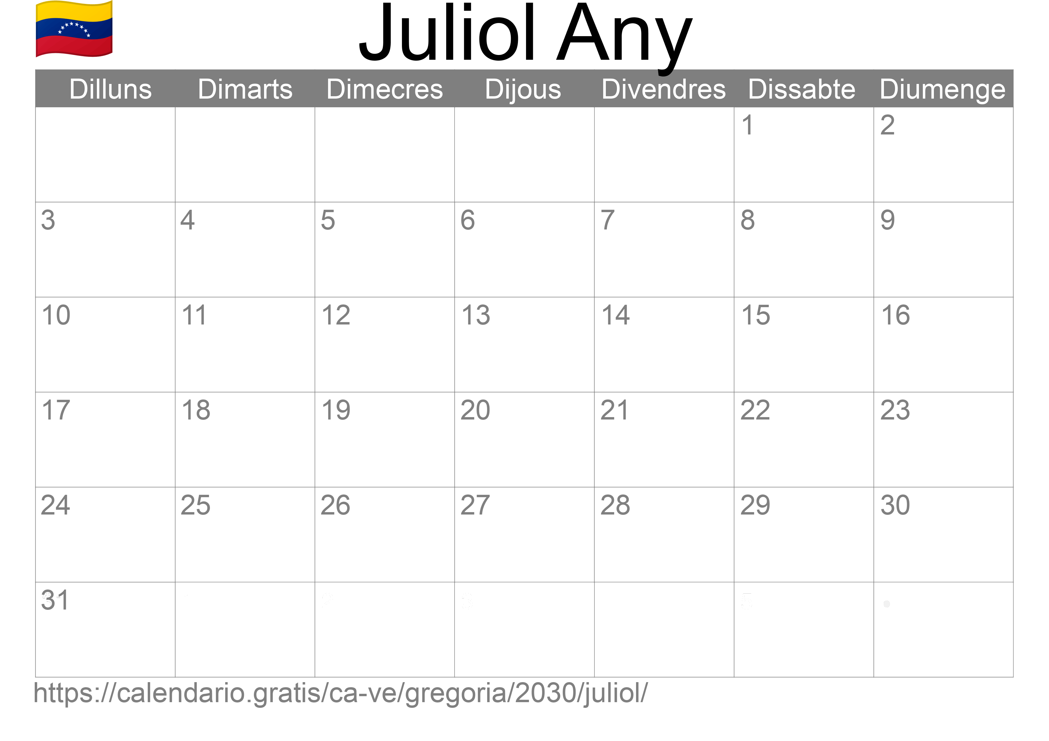 Calendari Juliol 2030 per imprimir