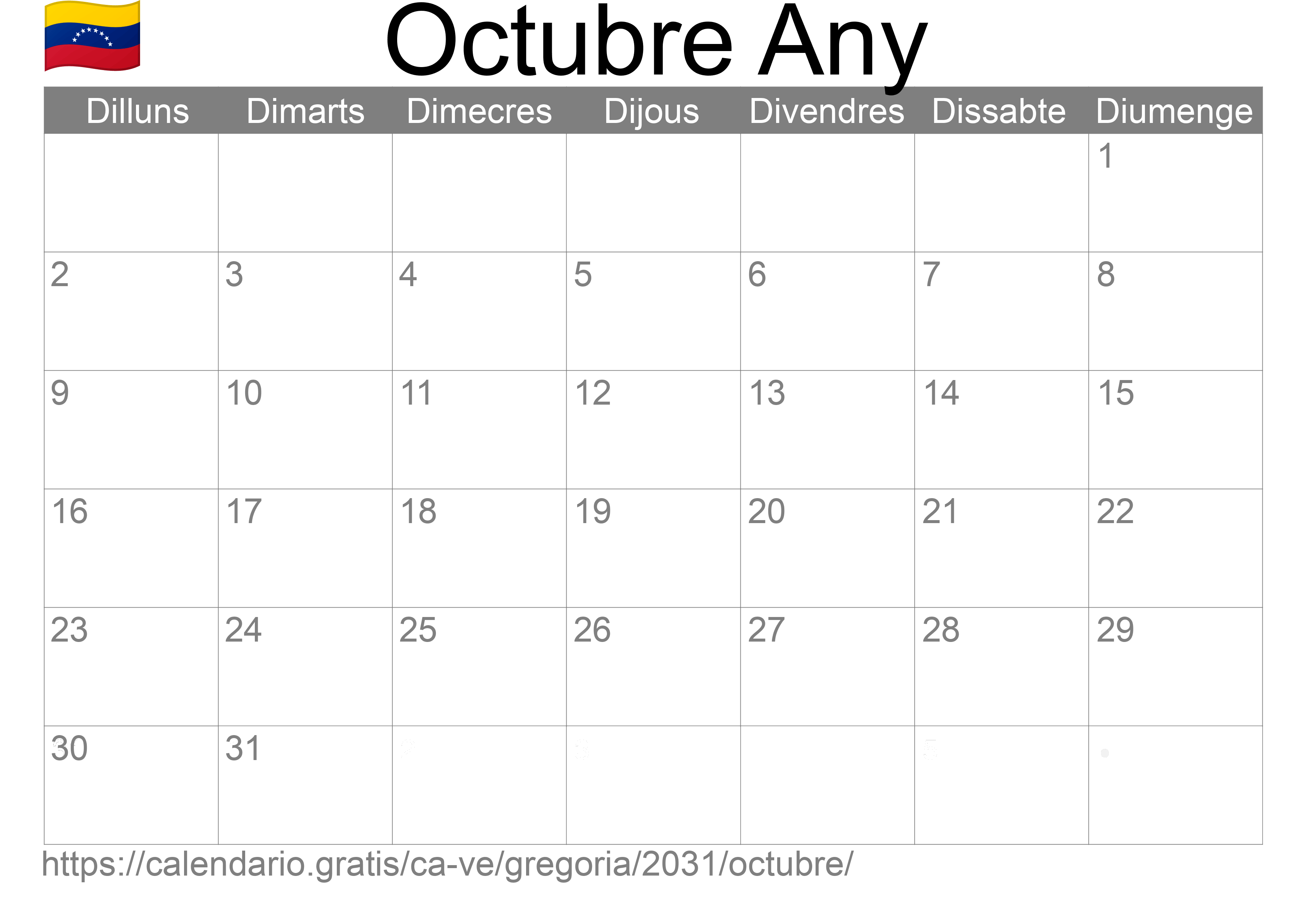 Calendari Octubre 2031 per imprimir