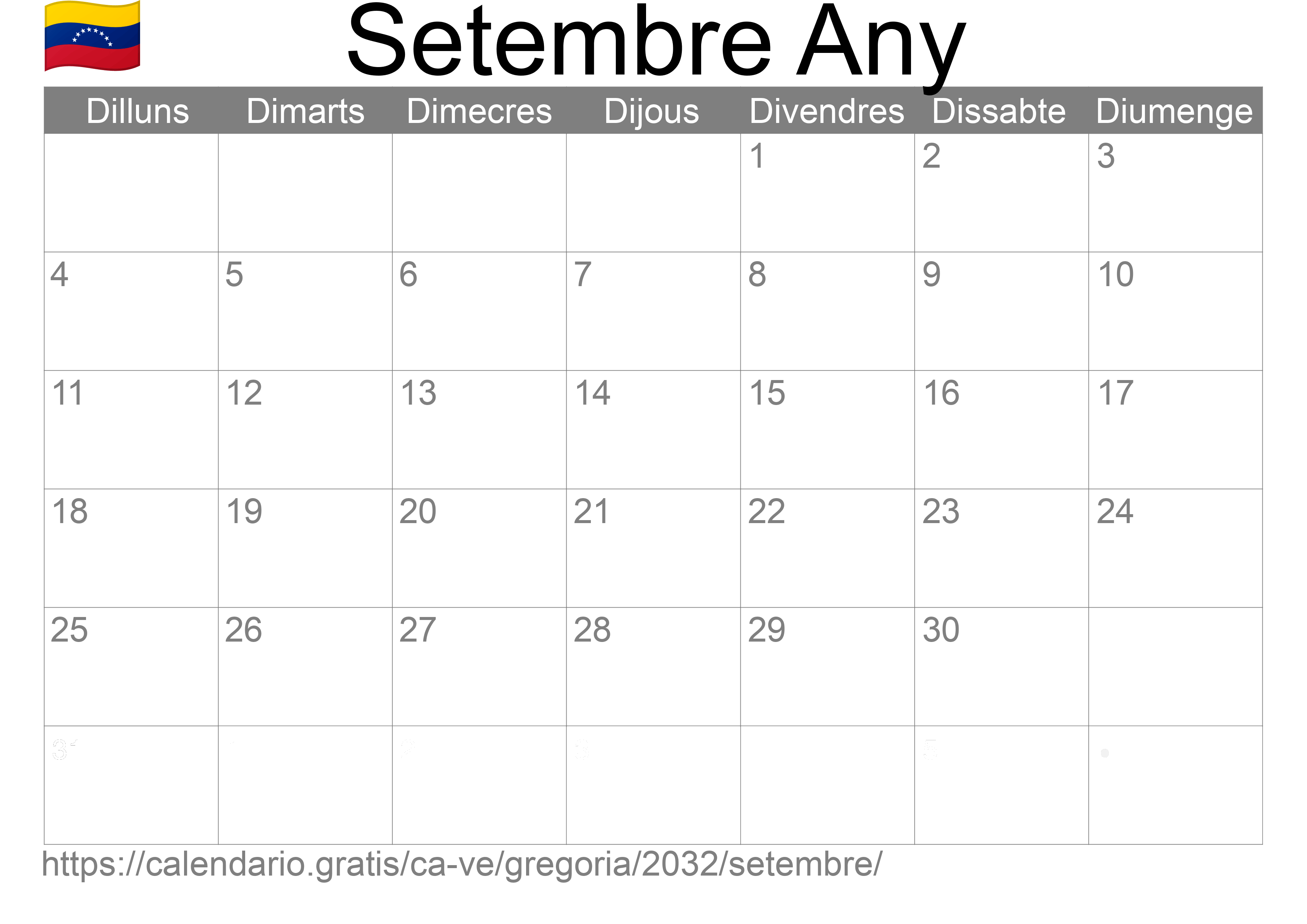 Calendari Setembre 2032 per imprimir