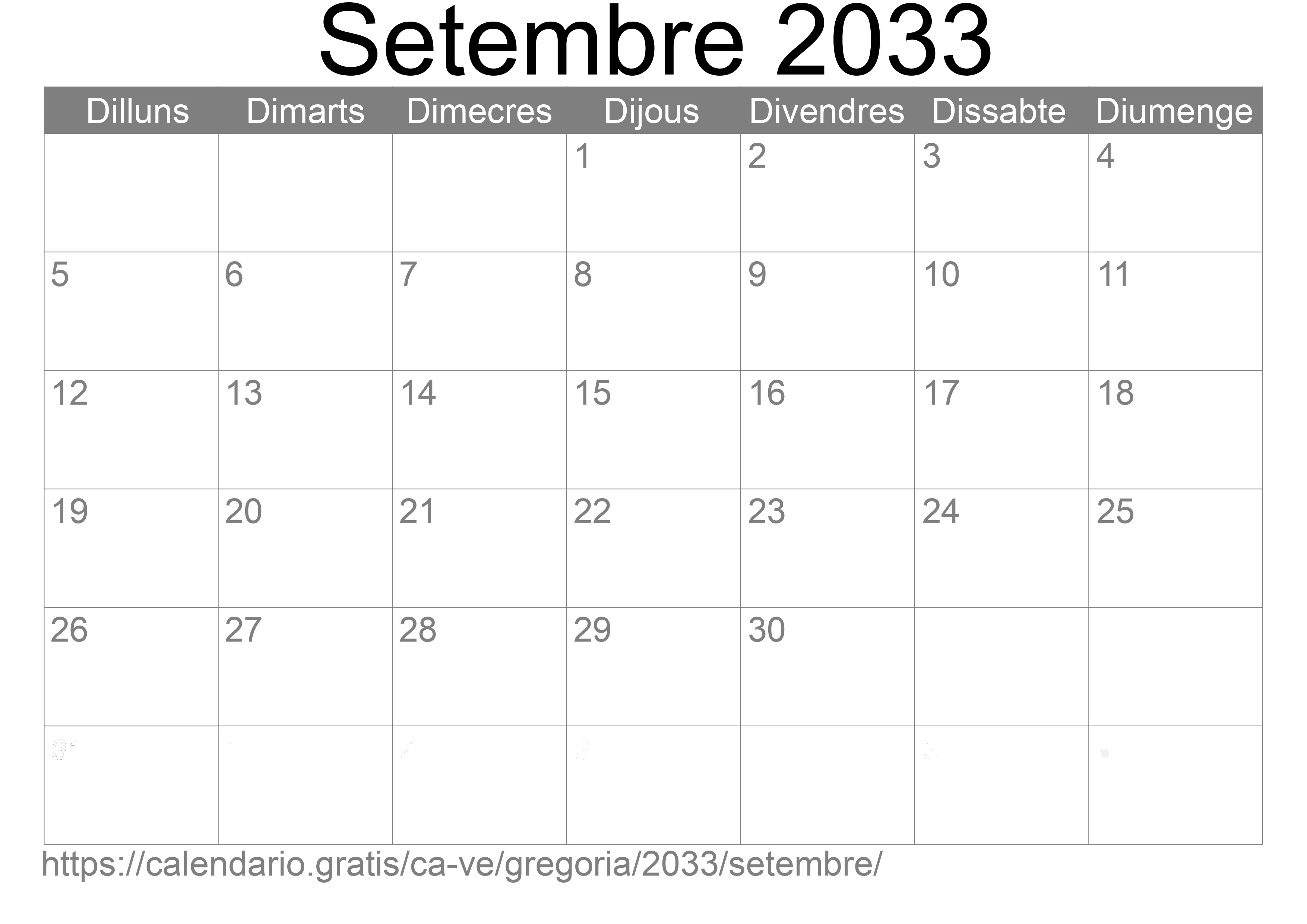 Calendari Setembre 2033 per imprimir (Veneçuela)
