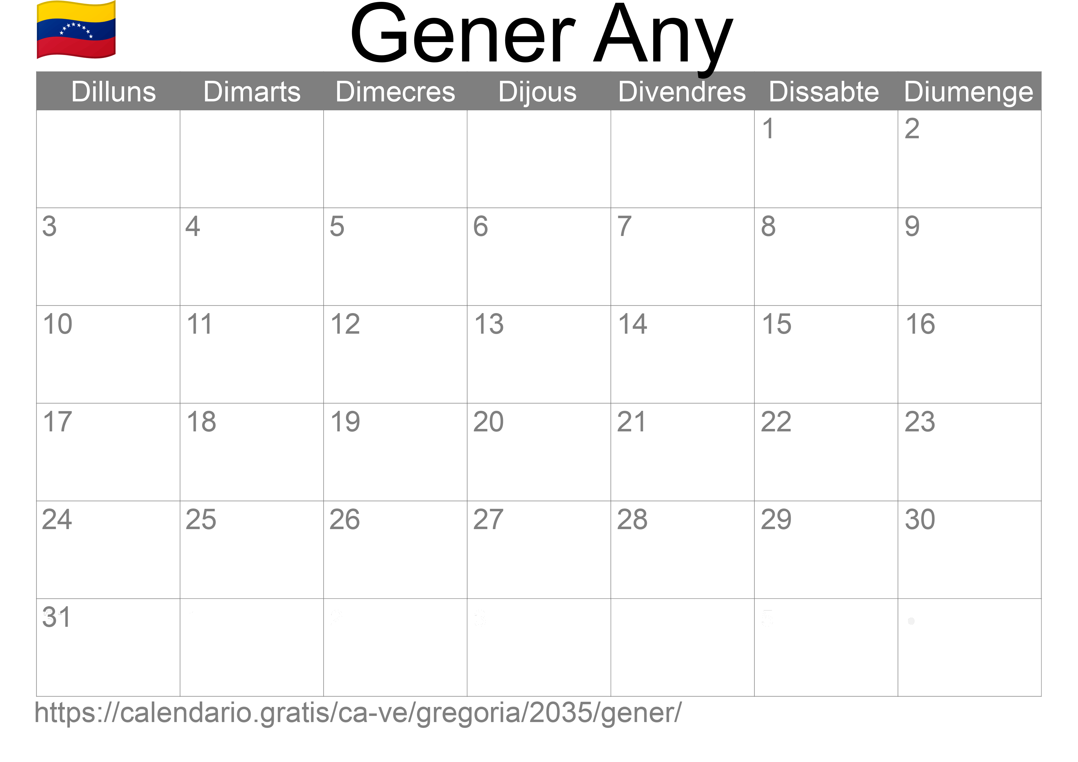 Calendari Gener 2035 per imprimir