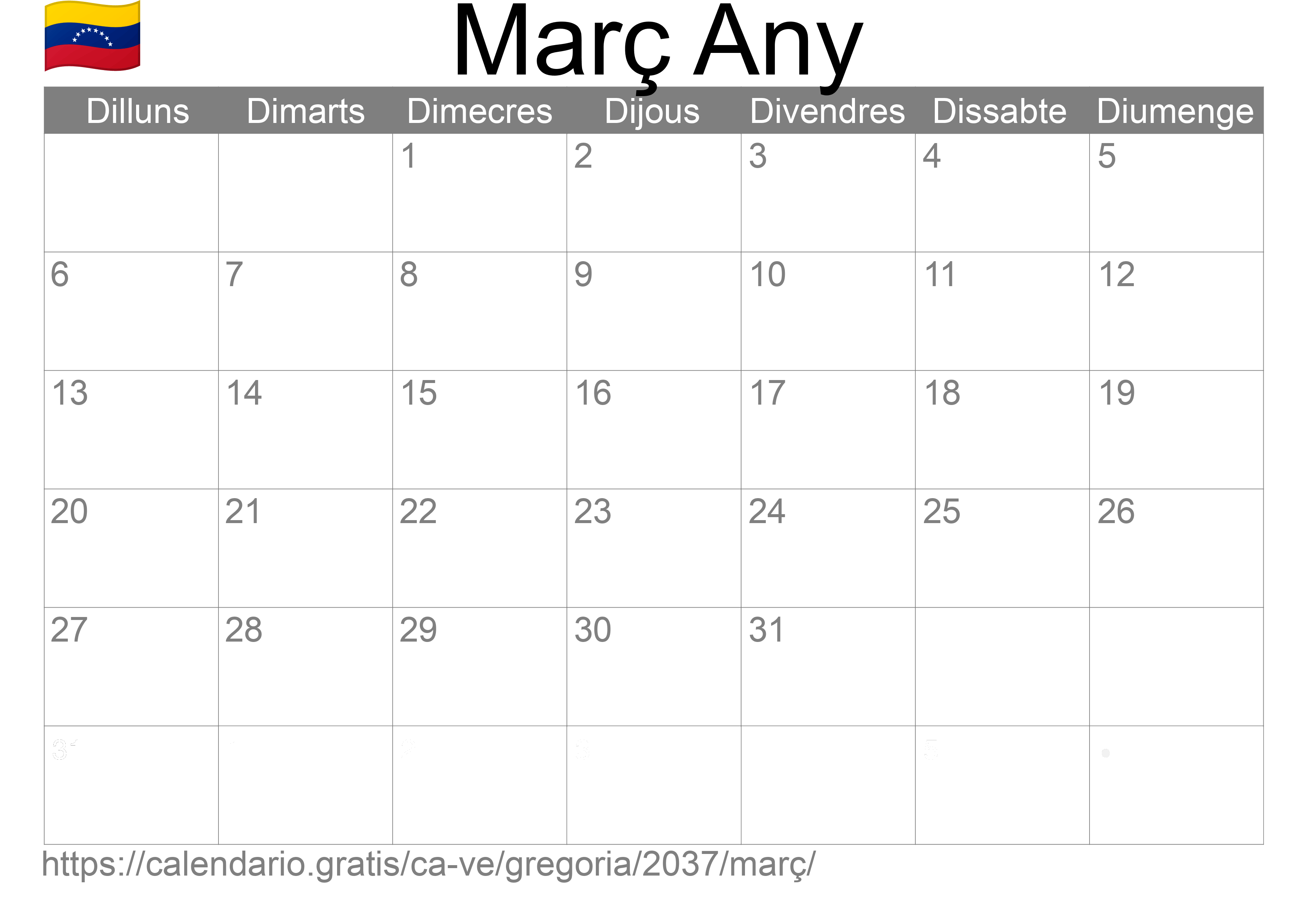 Calendari Març 2037 per imprimir