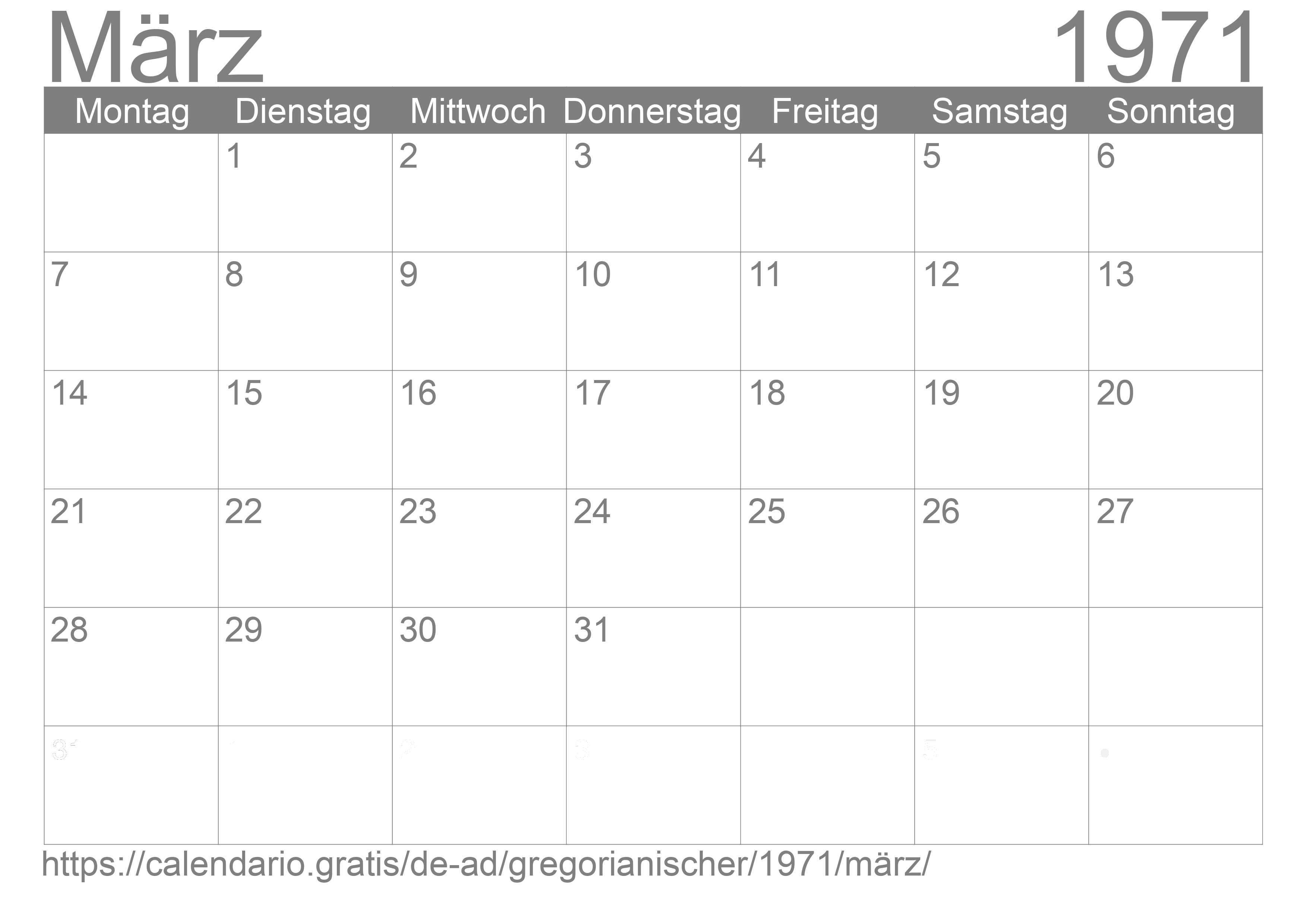 Kalender März 1971 zum Ausdrucken