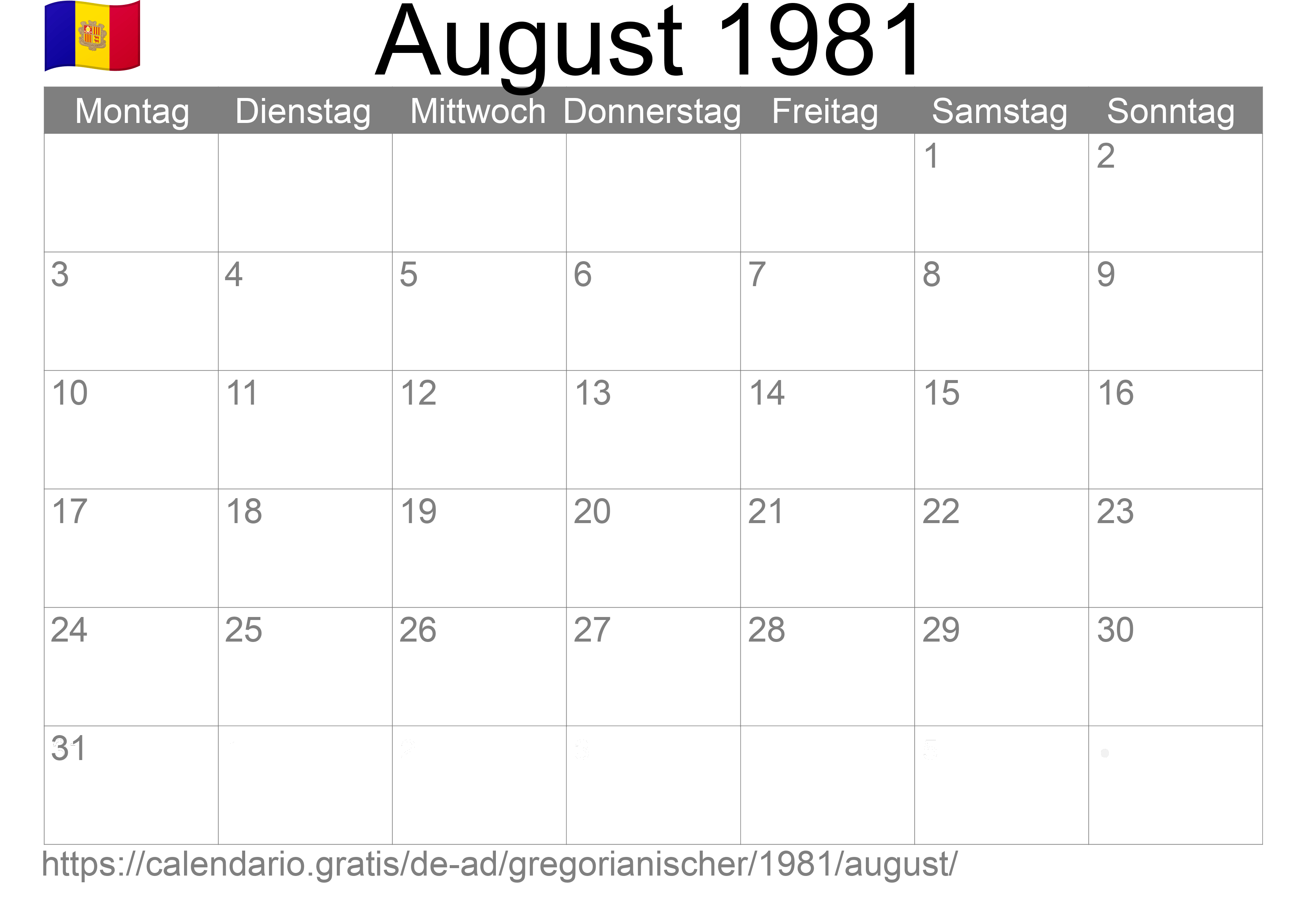 Kalender August 1981 zum Ausdrucken