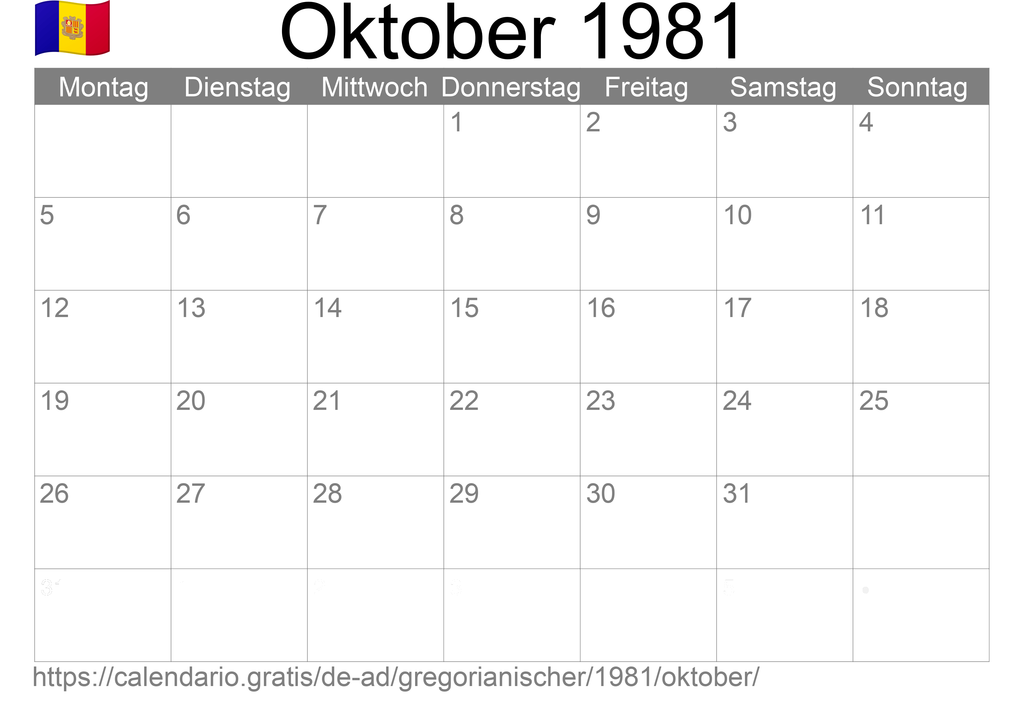 Kalender Oktober 1981 zum Ausdrucken