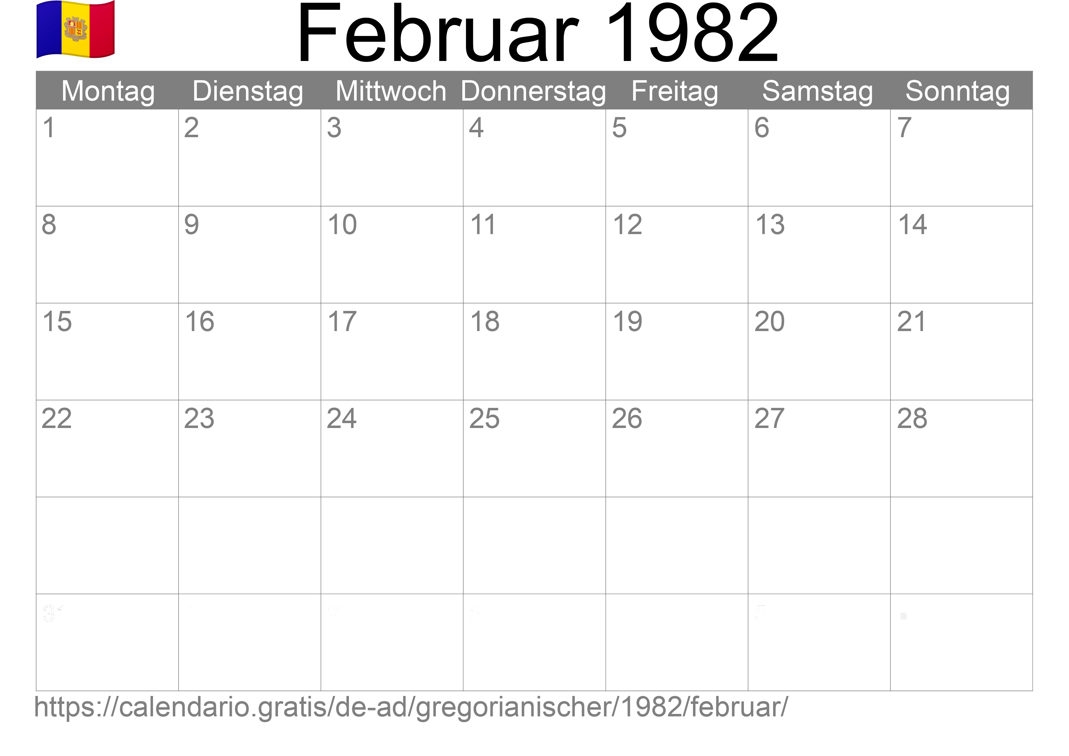 Kalender Februar 1982 zum Ausdrucken