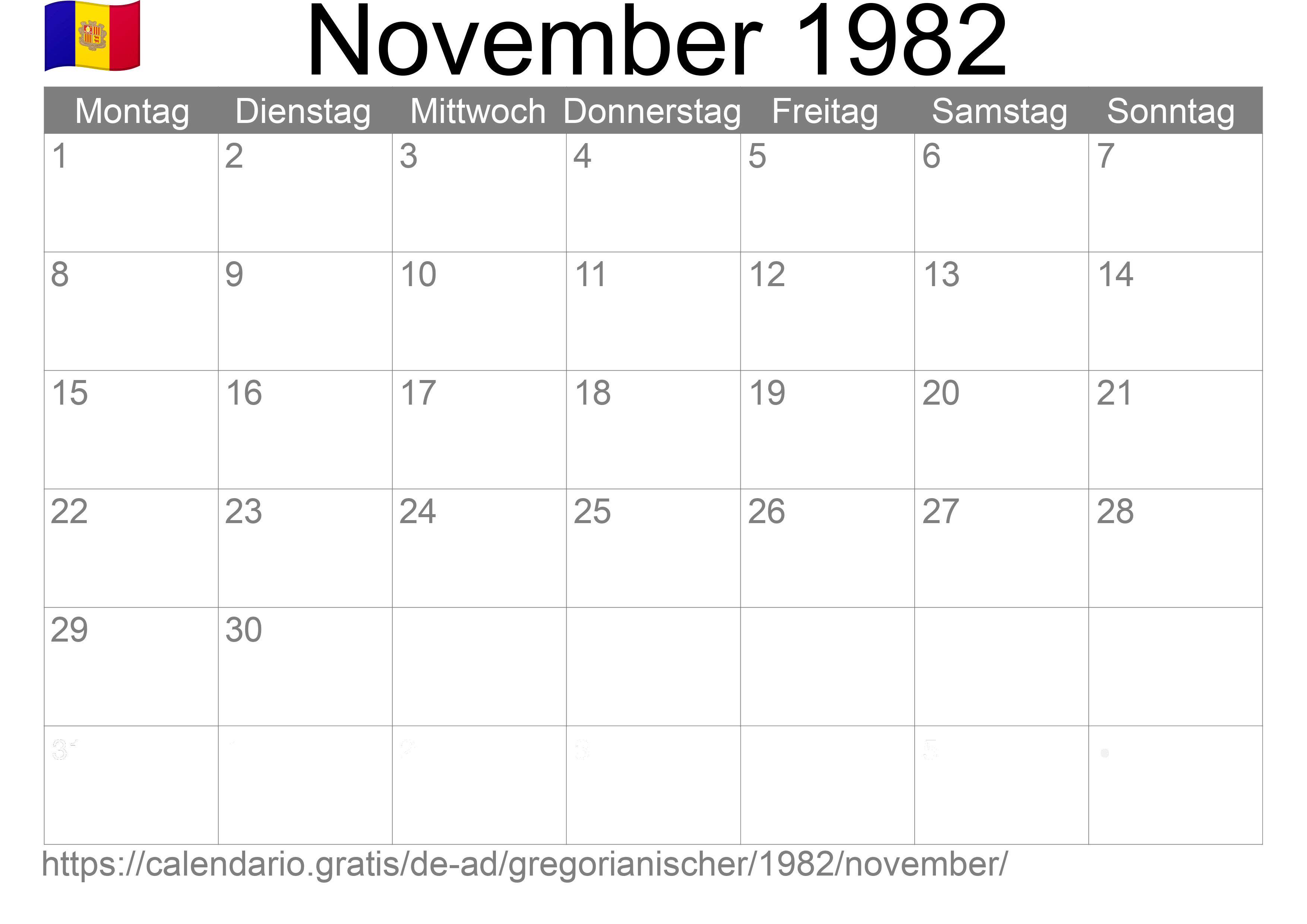 Kalender November 1982 zum Ausdrucken