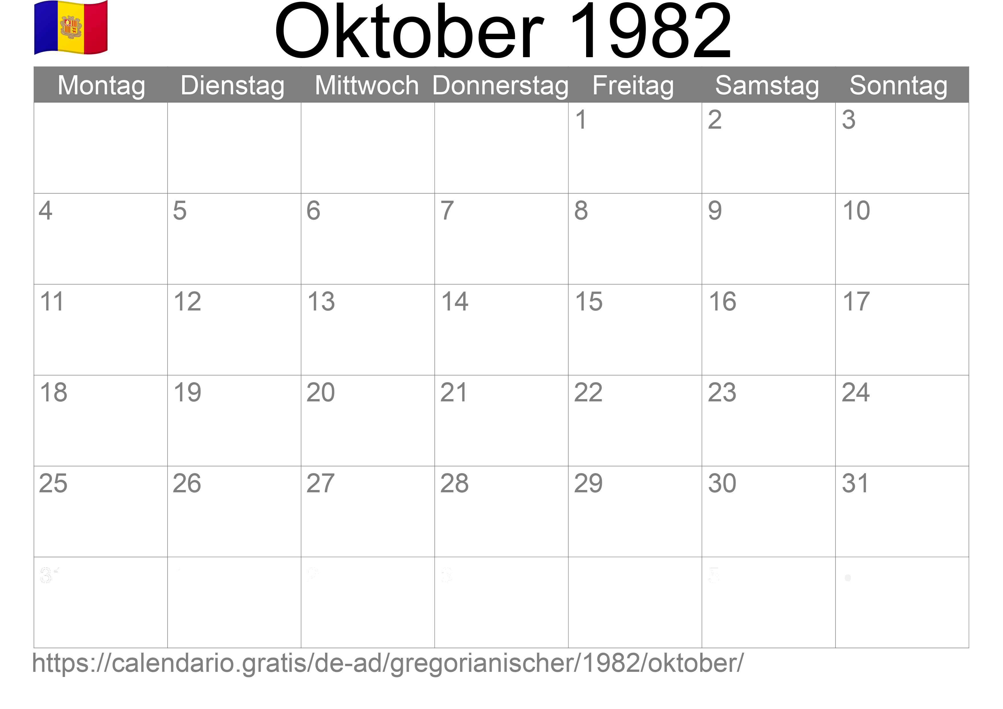 Kalender Oktober 1982 zum Ausdrucken