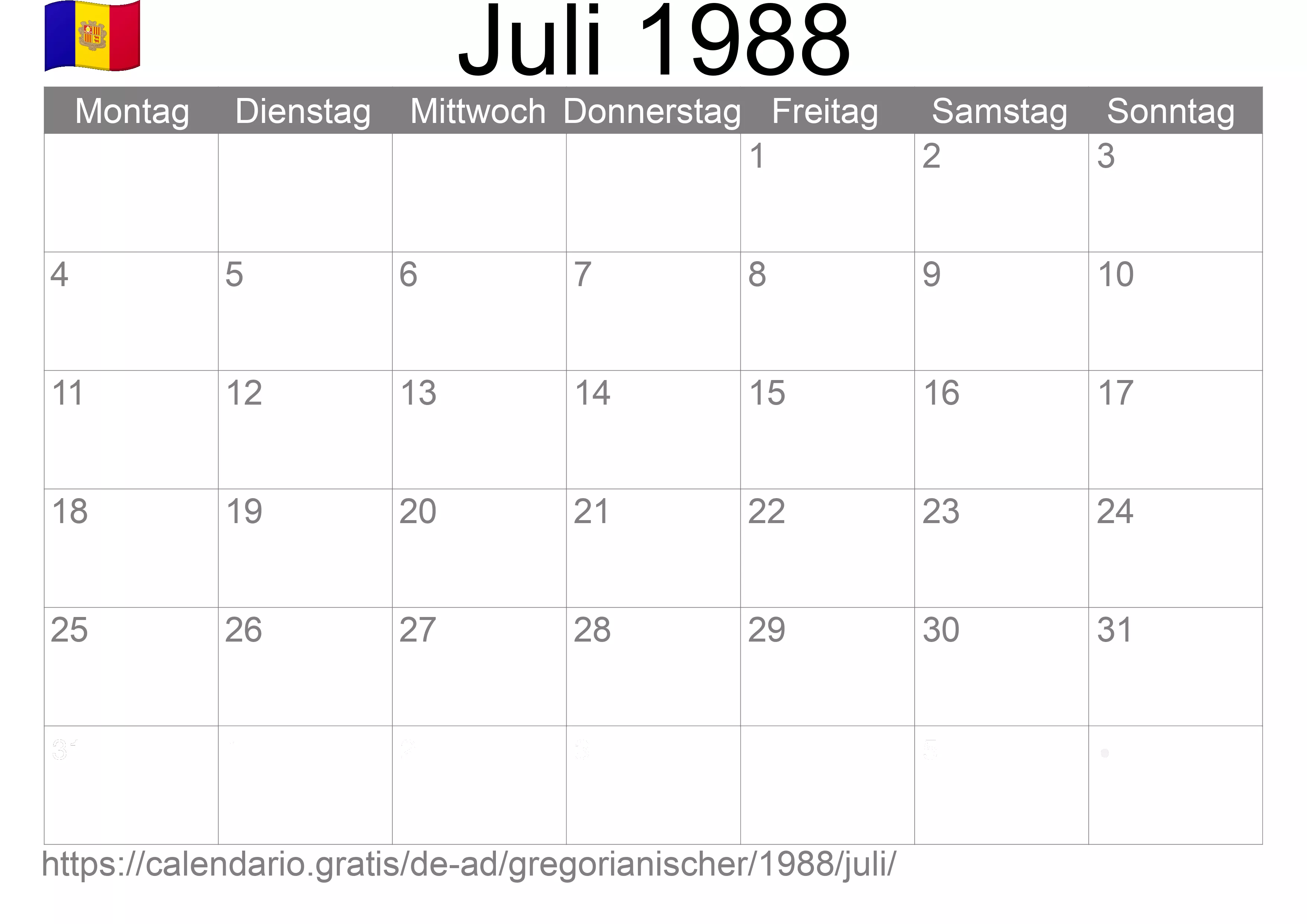 Kalender Juli 1988 zum Ausdrucken (Andorra)