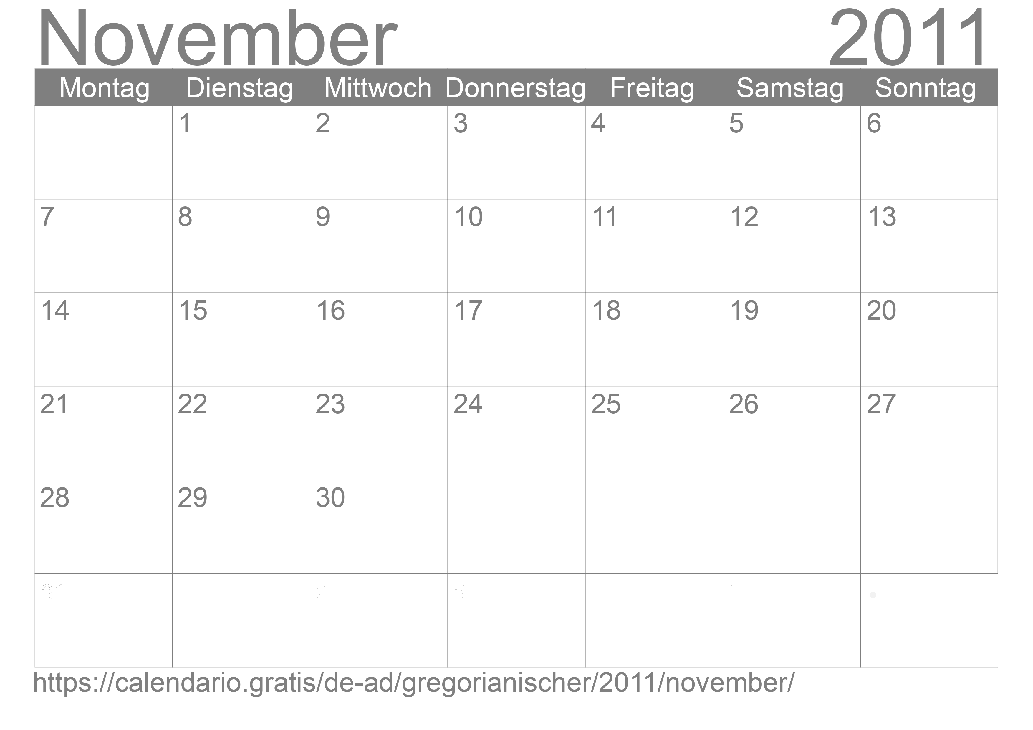 Kalender November 2011 zum Ausdrucken