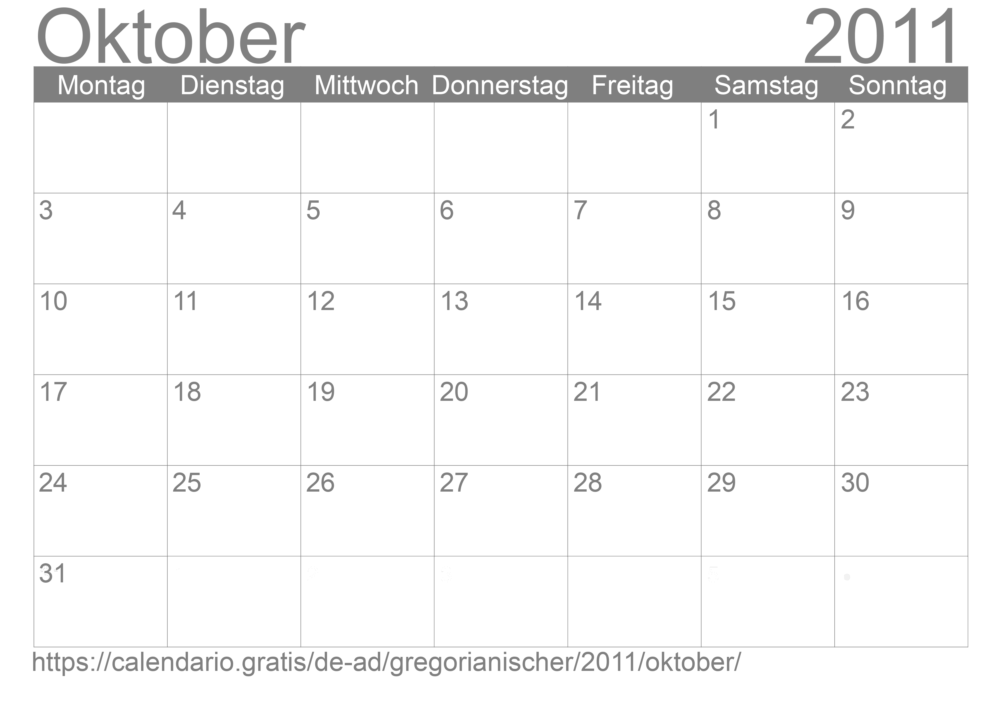 Kalender Oktober 2011 zum Ausdrucken