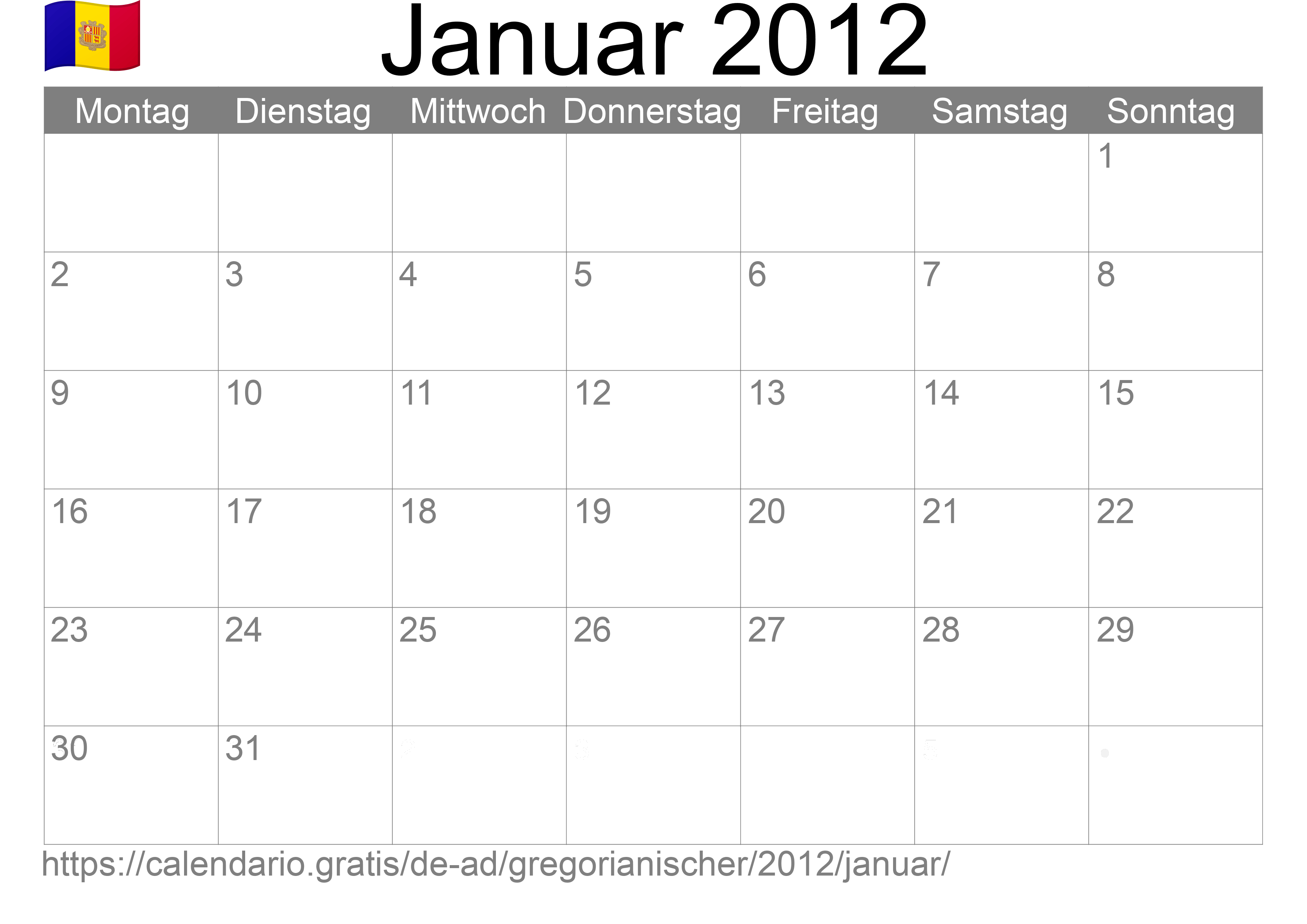 Kalender Januar 2012 zum Ausdrucken