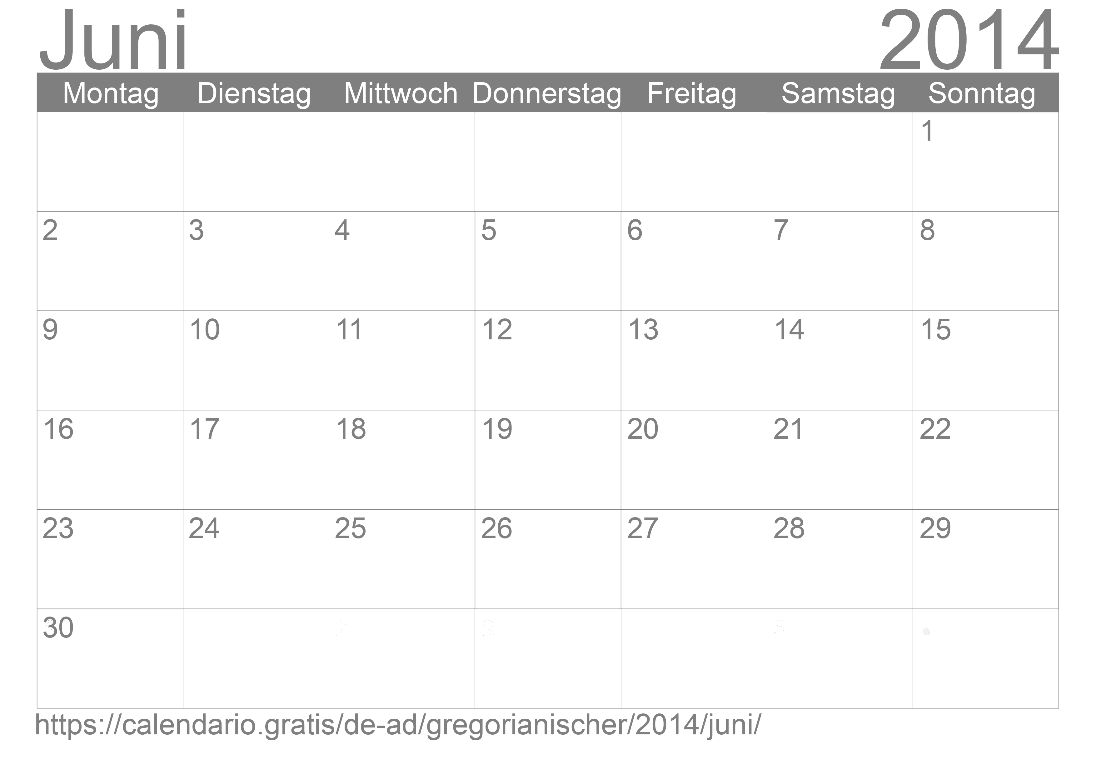 Kalender Juni 2014 zum Ausdrucken