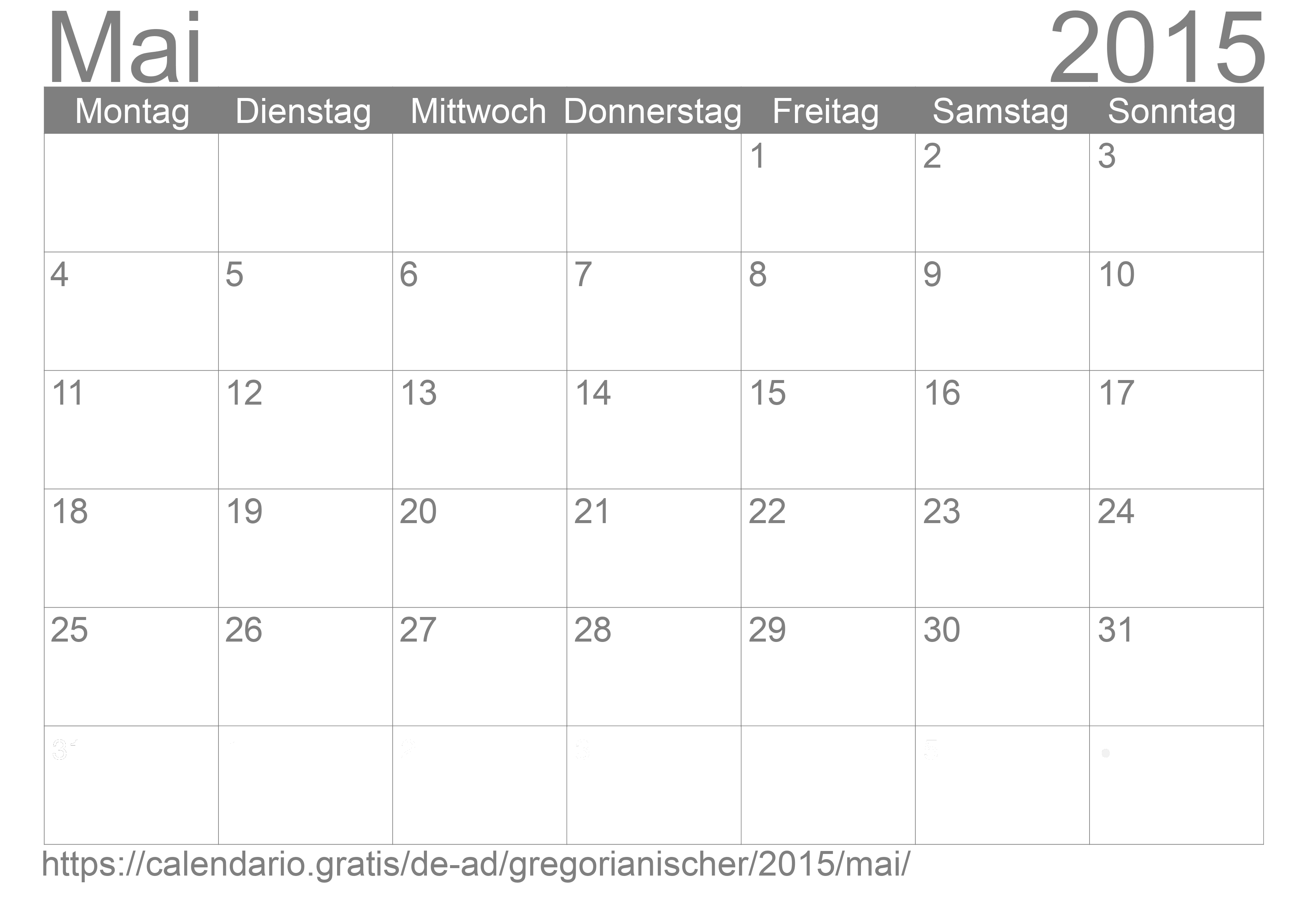 Kalender Mai 2015 zum Ausdrucken