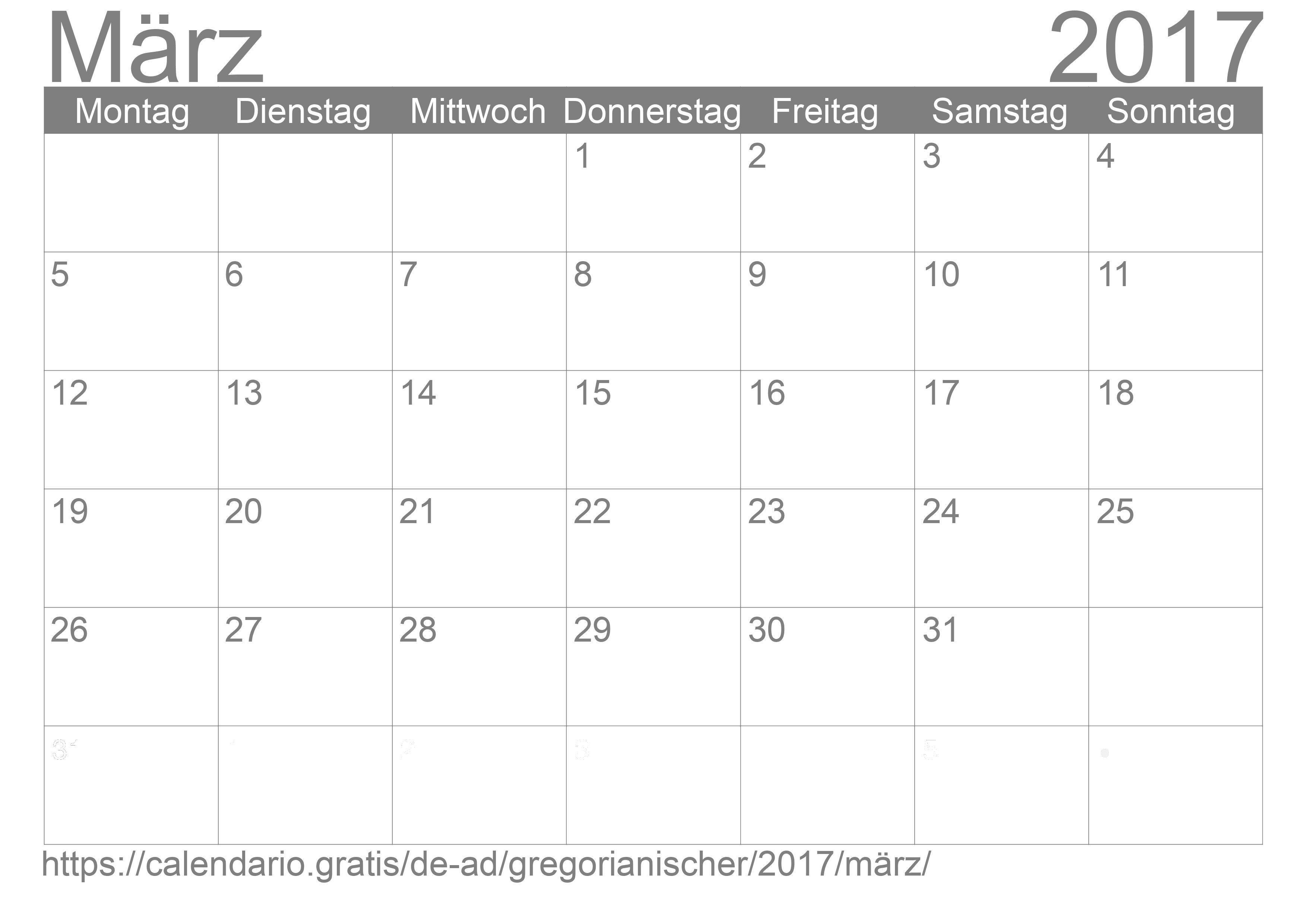 Kalender März 2017 zum Ausdrucken
