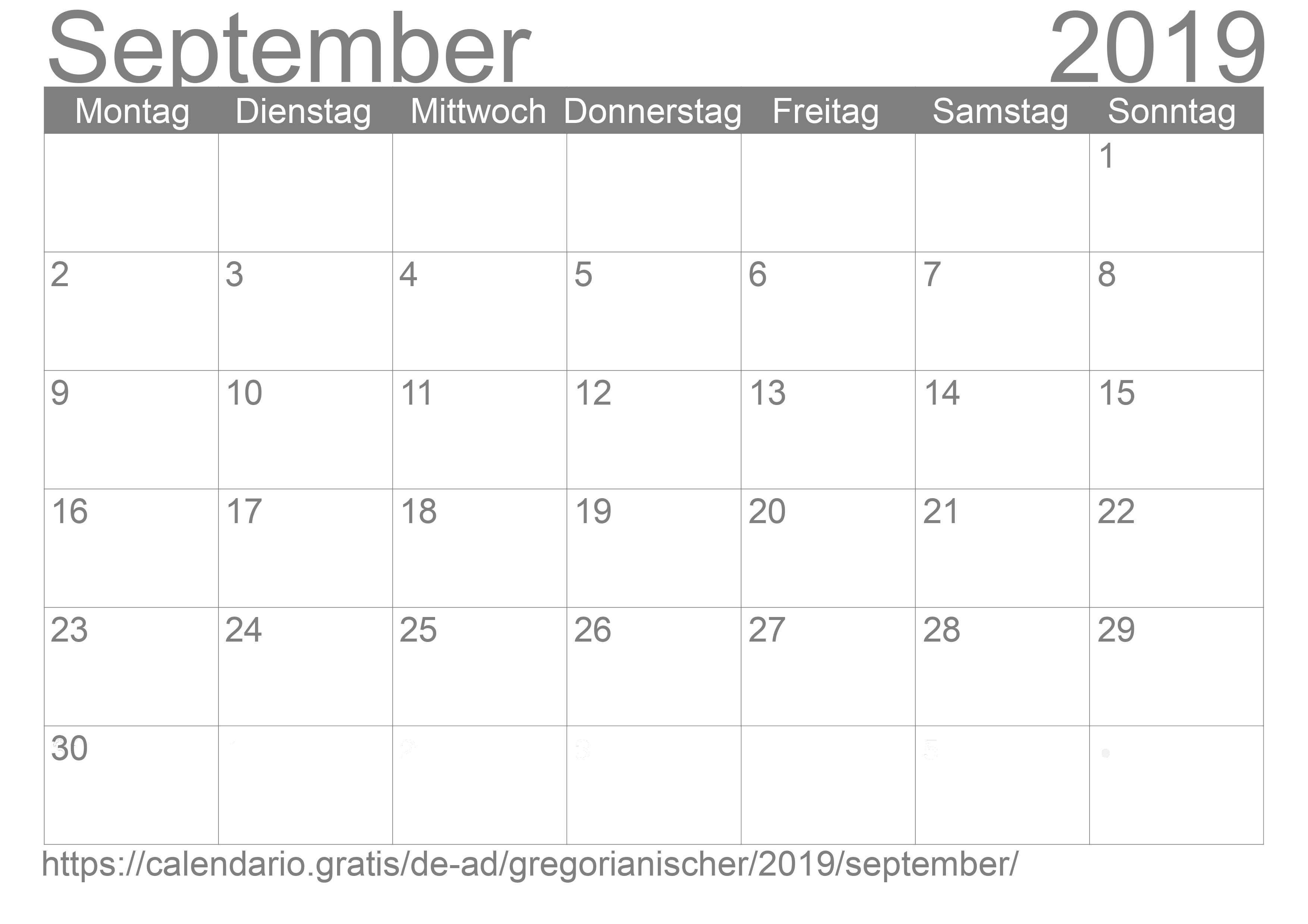 Kalender September 2019 zum Ausdrucken