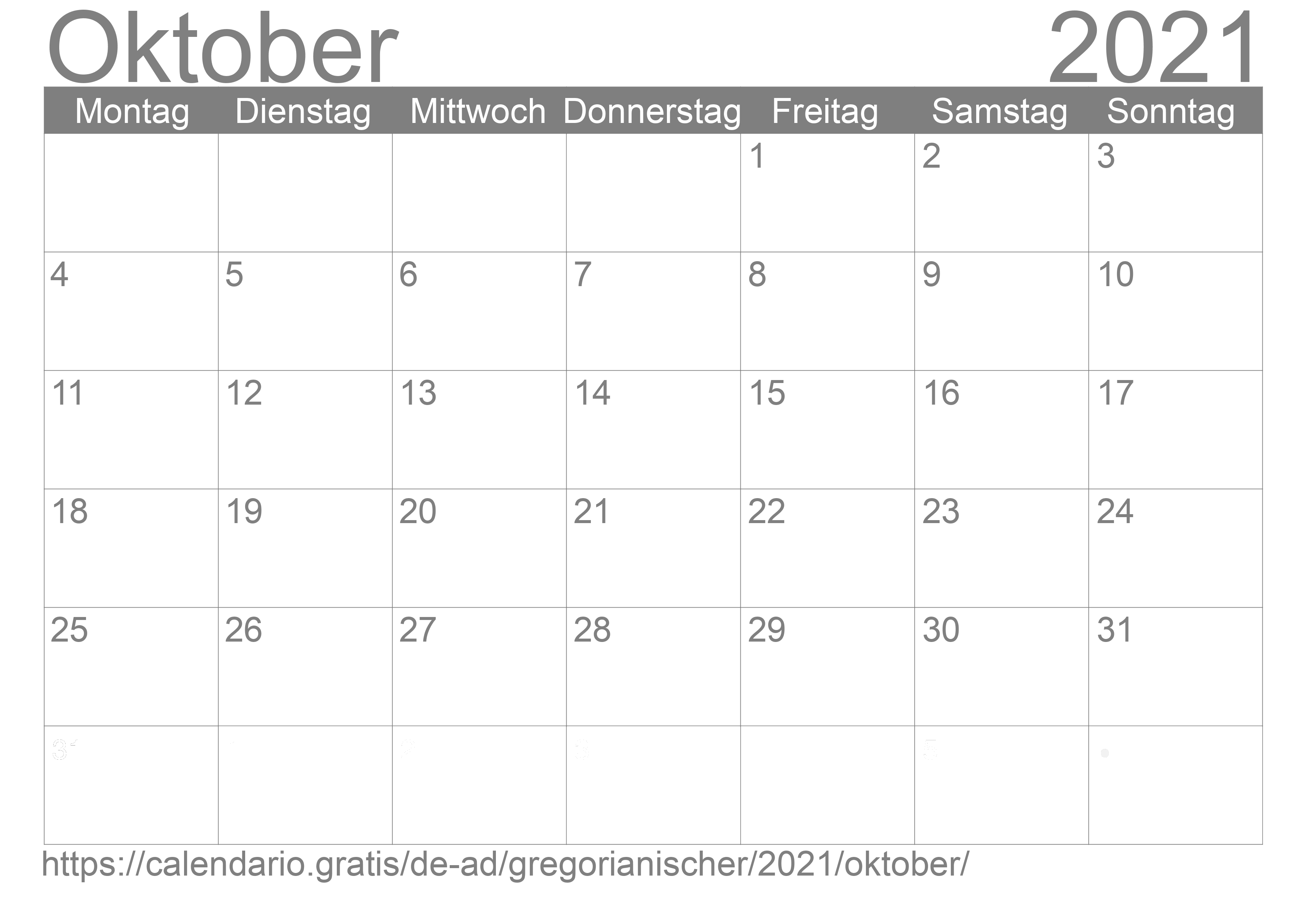 Kalender Oktober 2021 zum Ausdrucken