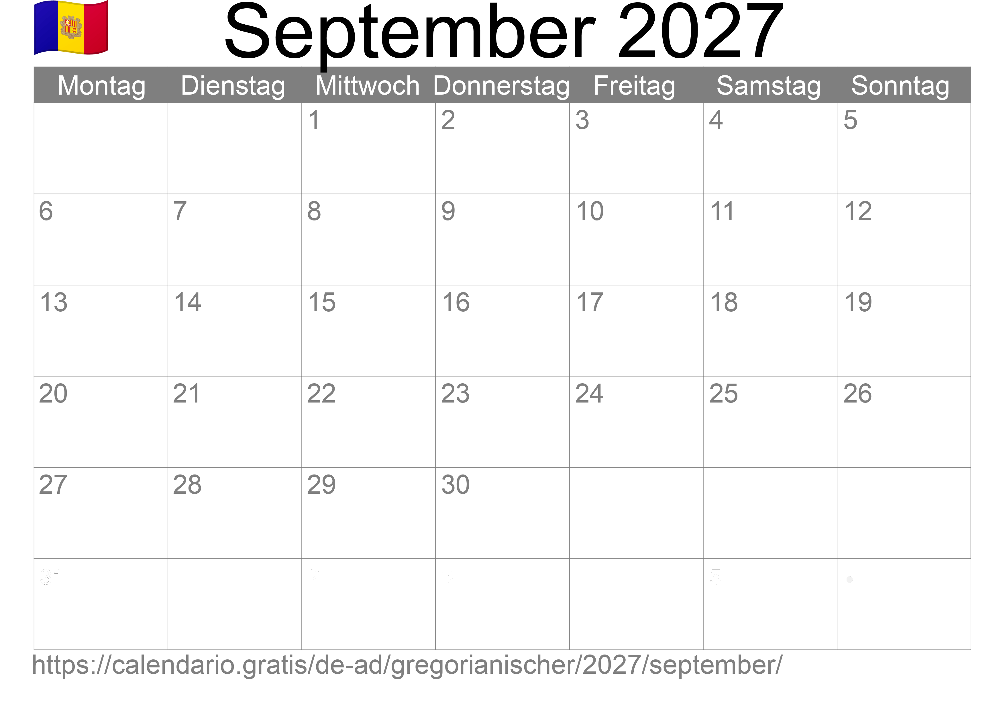 Kalender September 2027 zum Ausdrucken