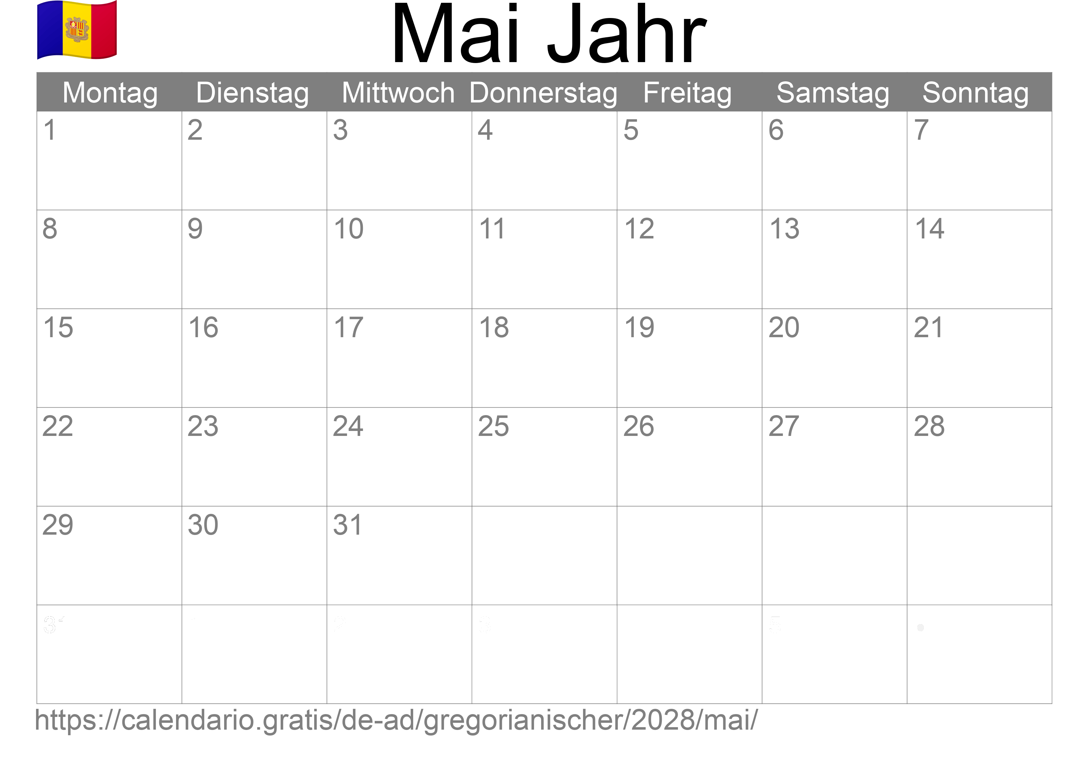 Kalender Mai 2028 zum Ausdrucken