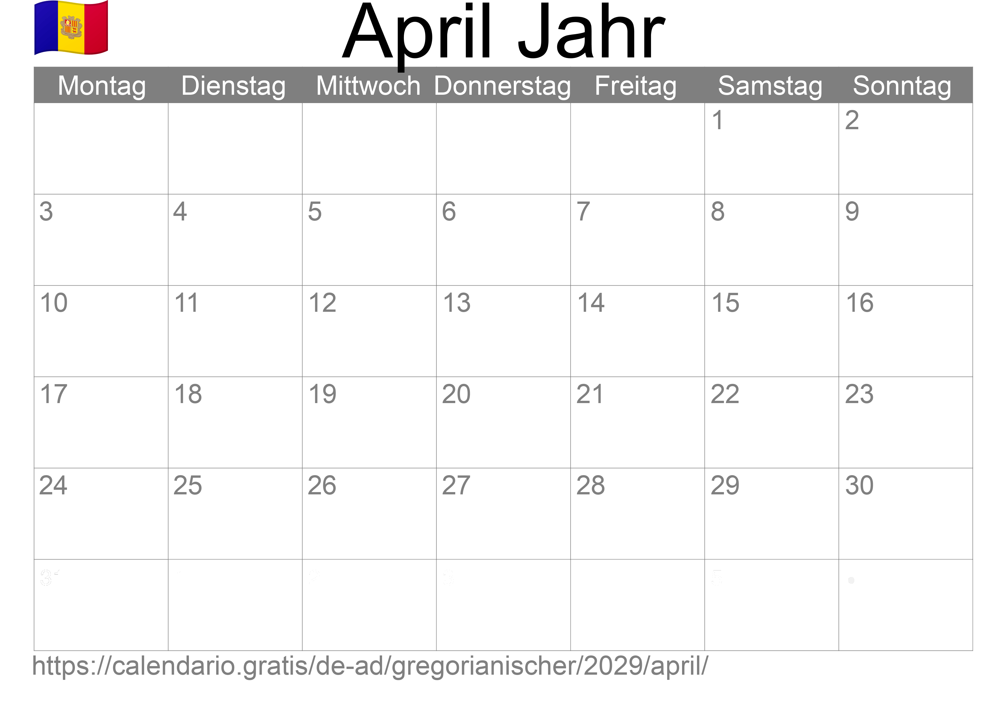 Kalender April 2029 zum Ausdrucken