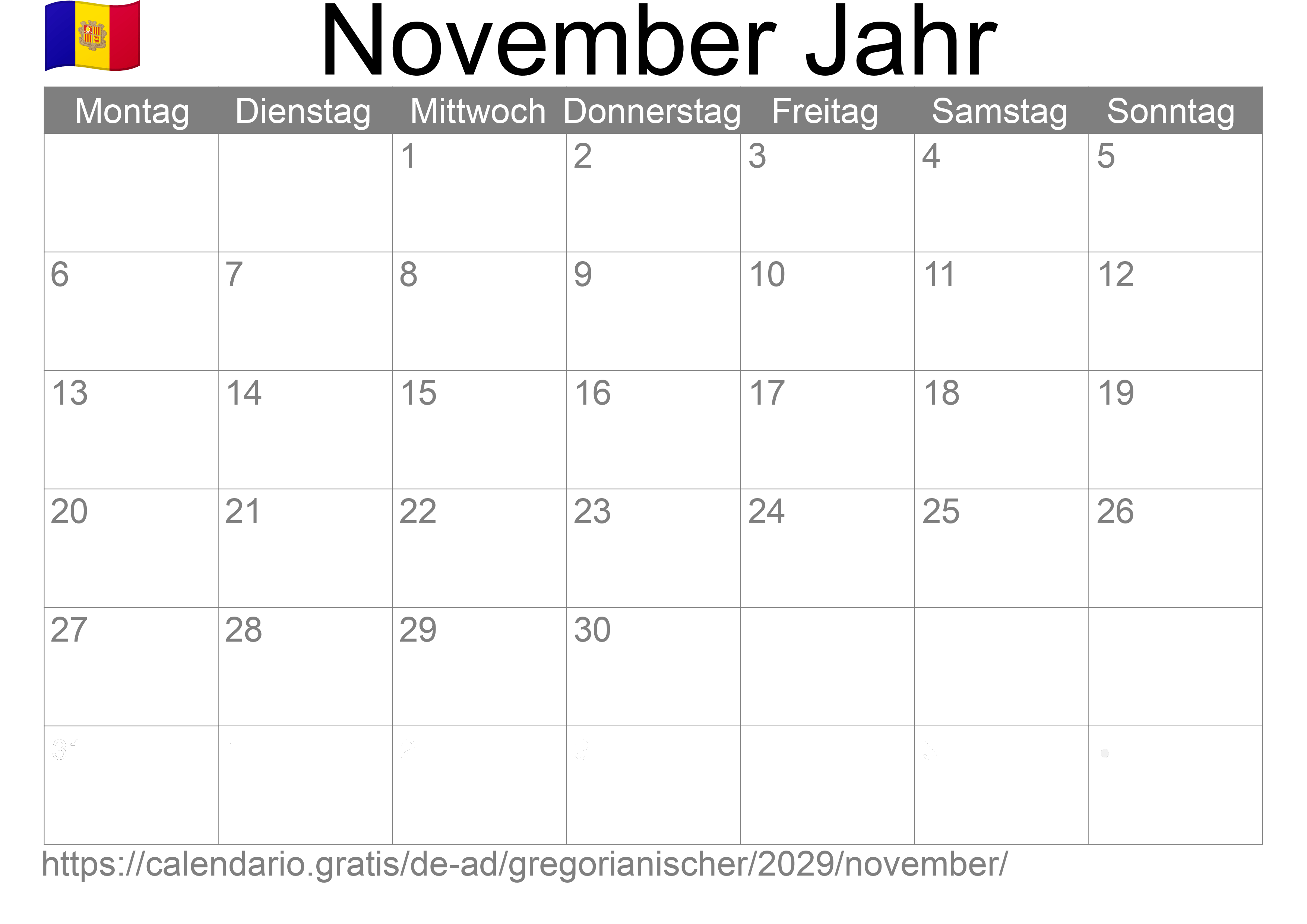 Kalender November 2029 zum Ausdrucken