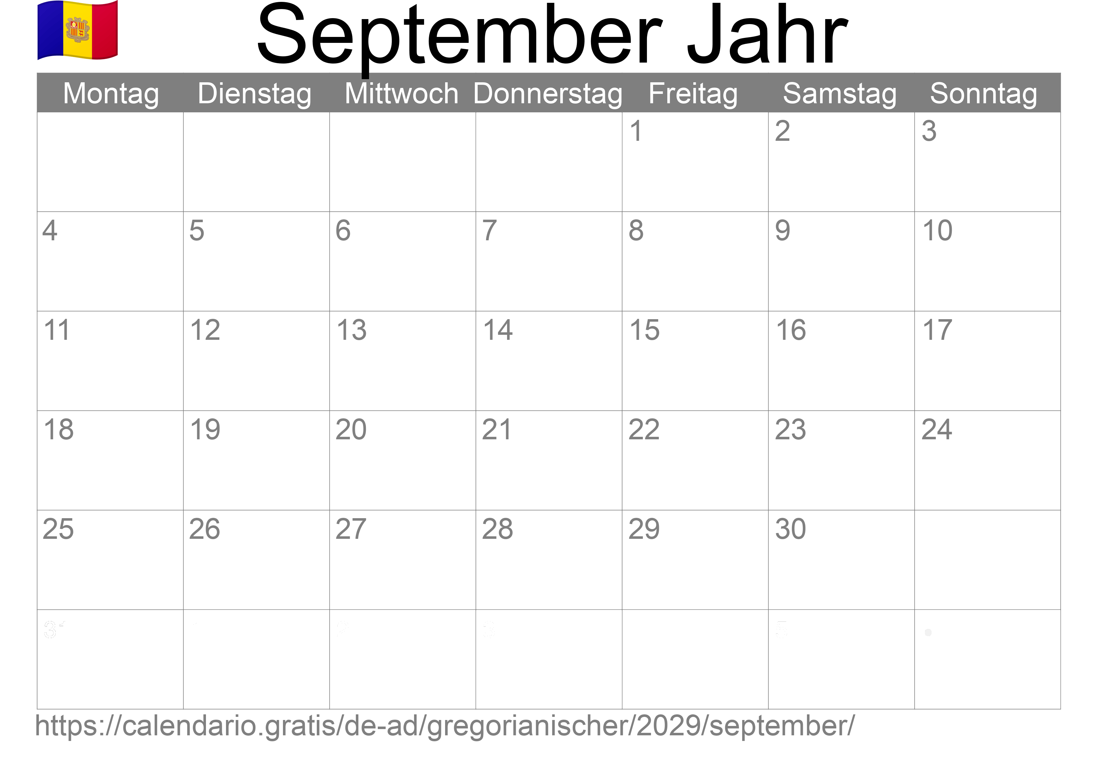 Kalender September 2029 zum Ausdrucken