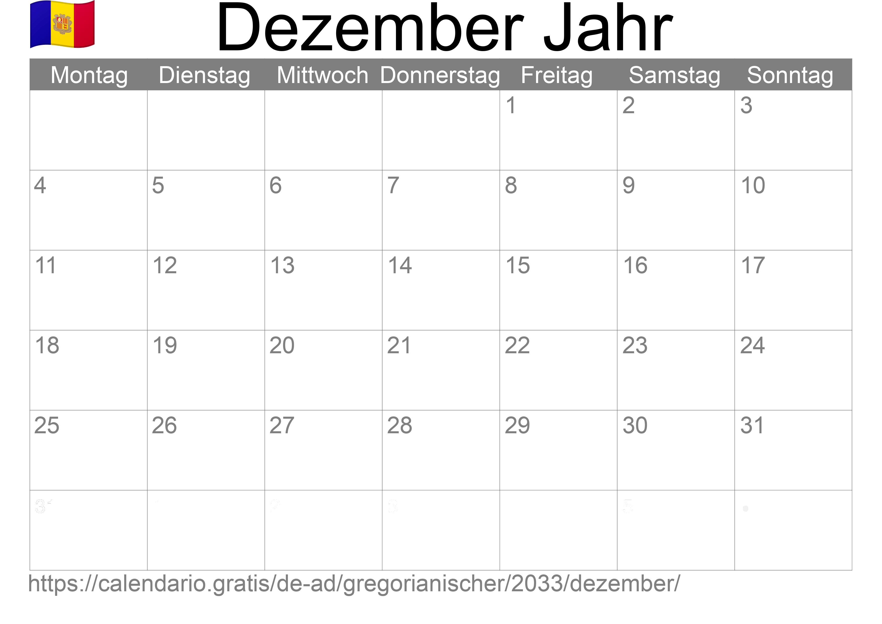 Kalender Dezember 2033 zum Ausdrucken