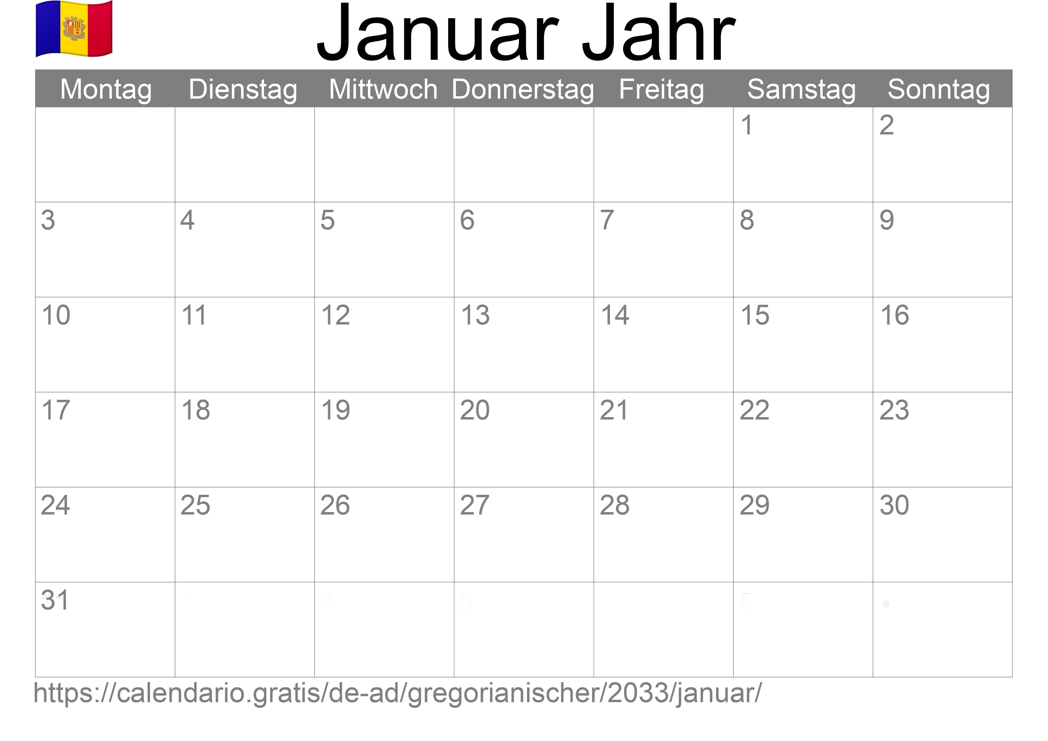 Kalender Januar 2033 zum Ausdrucken